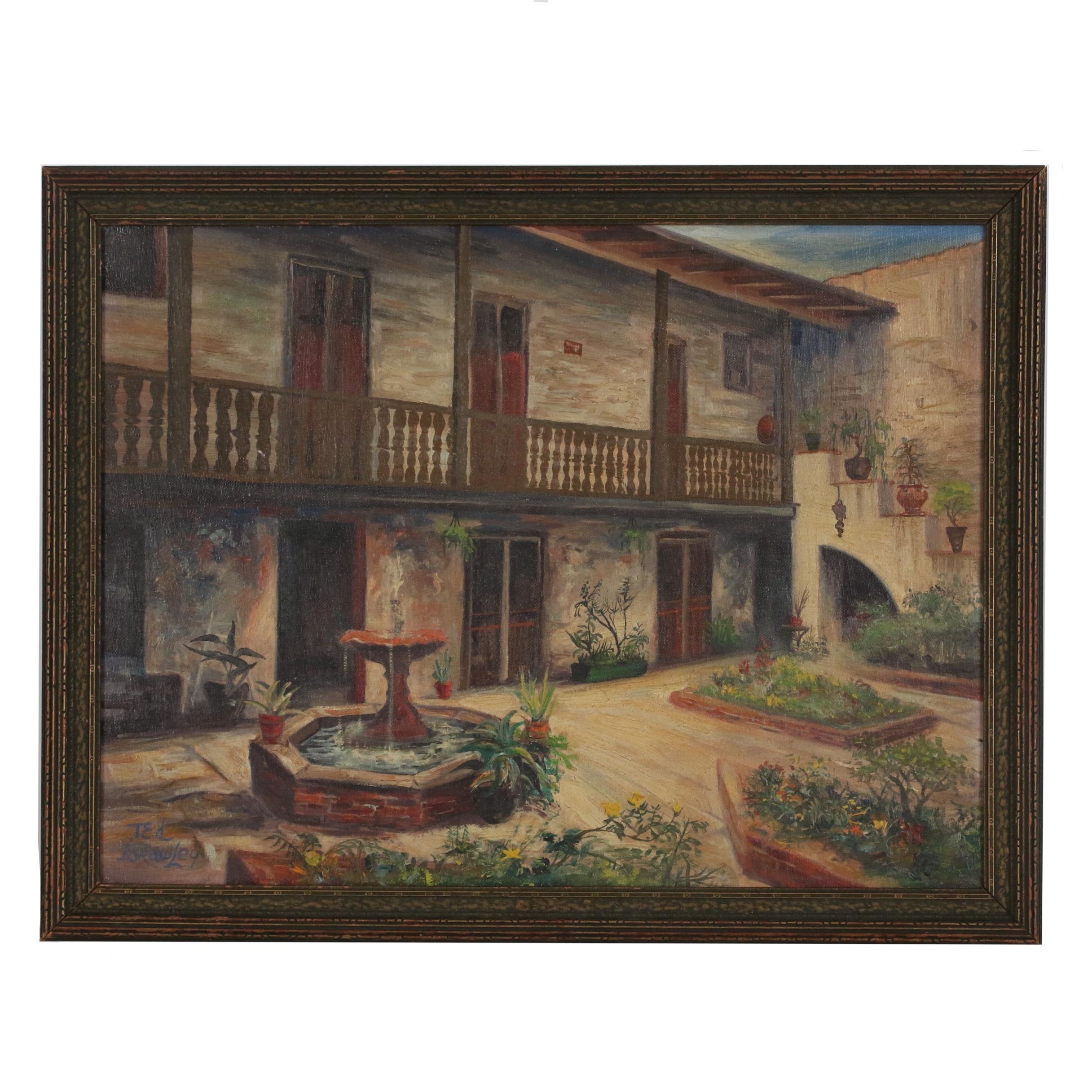 Ted Brawley Oil Painting of a Courtyard, Late 20th Century