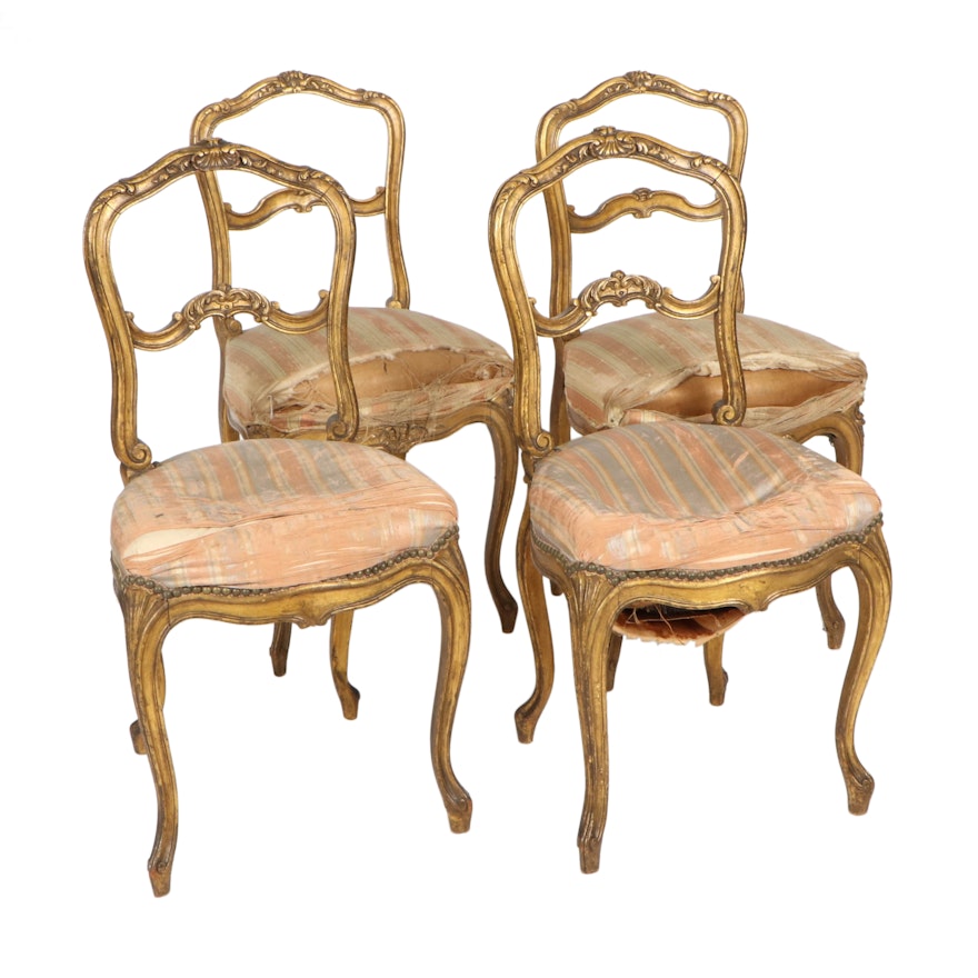 Quignon Louis XV Style Carved Giltwood Chairs, Mid to Late 19th Century