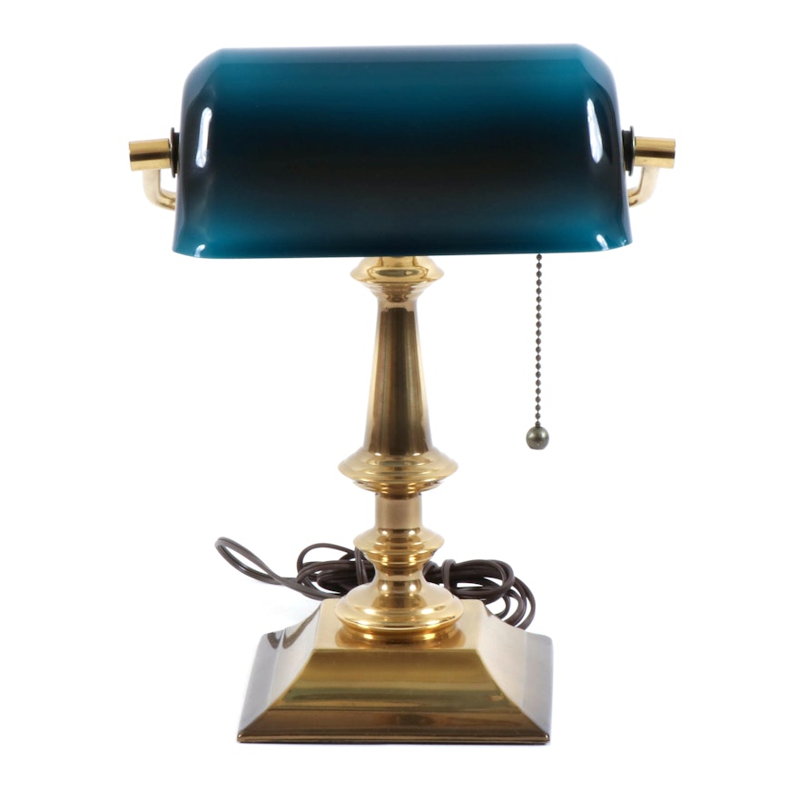 Brass Desk Lamp with Deep Teal Glass Frosted Shade
