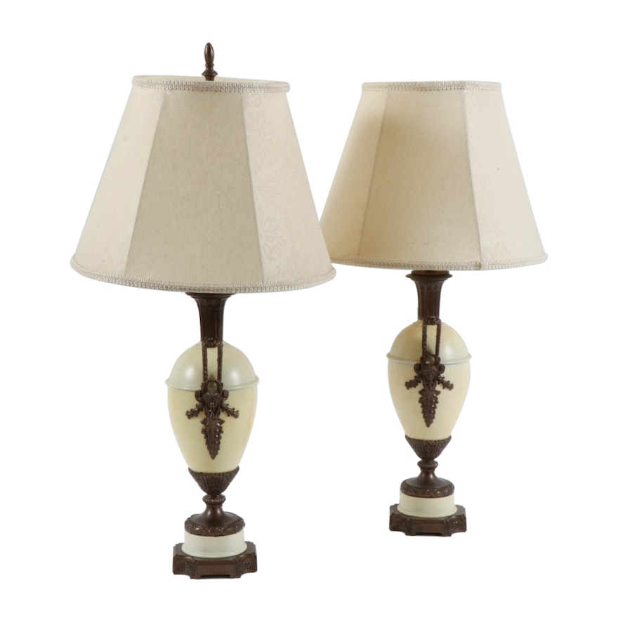 Pairing of Neoclassical Metal Urn Table Lamps with Damask Fabric Shades