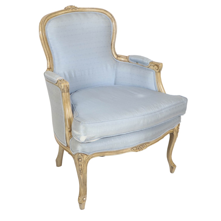 French Provincial Style Powder Blue Upholstered Armchair in Carved Wood Frame