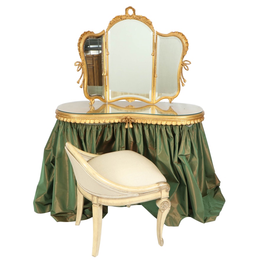 Rococo Revival Style Giltwood Vanity with Mirror and Upholstered Carved Chair