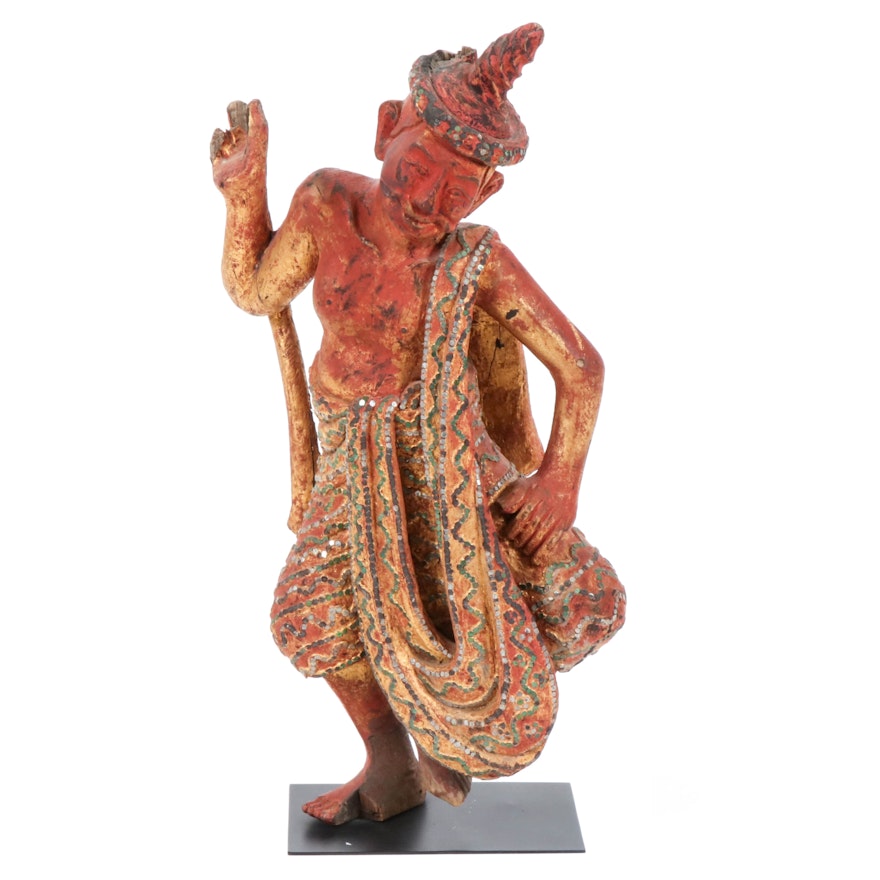 Hand-Painted and Carved Wood Sculpture of Thai Dancer, Early 20th Century