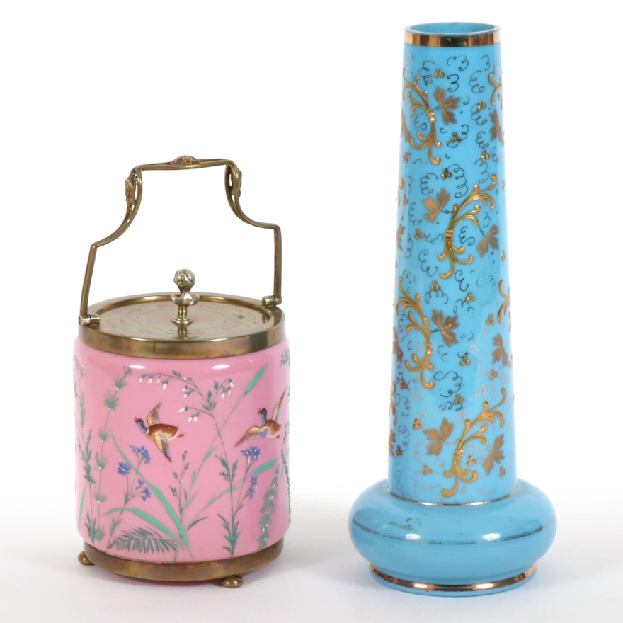 Hand Painted Glass Ice Bucket and Vase, Mid-20th Century