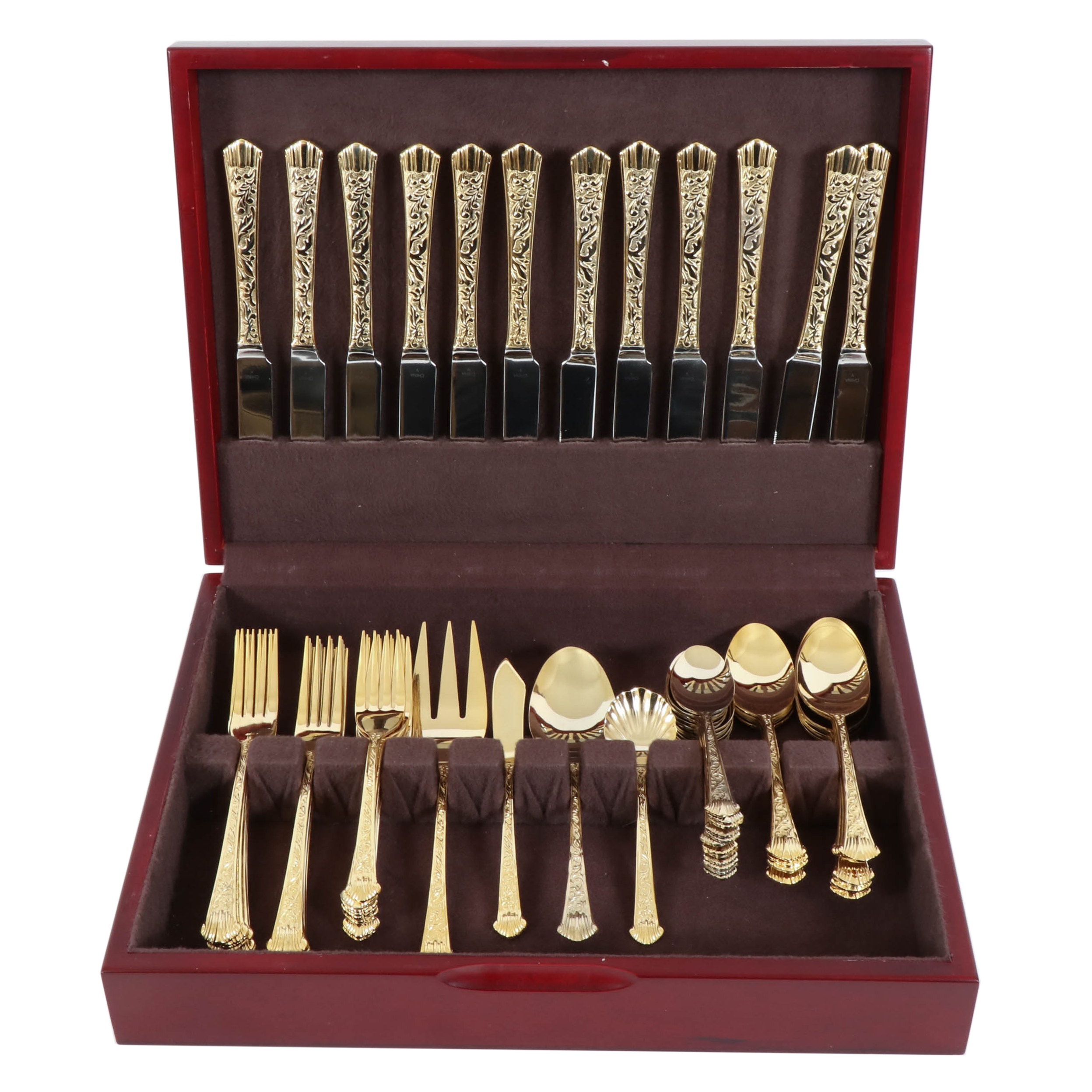 Gold-Tone Scrolling Leaf 12-Piece Flatware Set with Storage Case