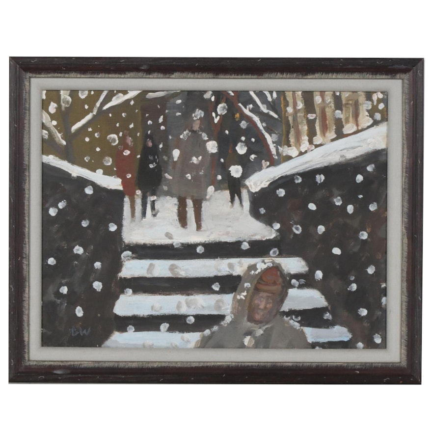 Acrylic Painting of a Figural Winter Scene