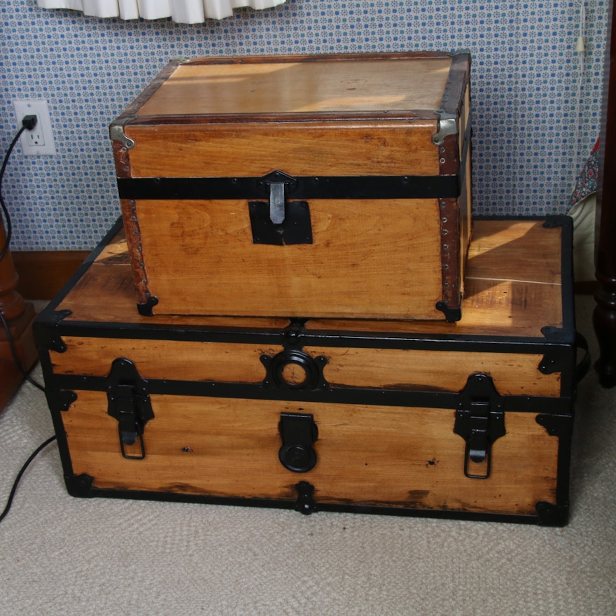 Flat Top Maple and Oak Travel Trunks, Antique