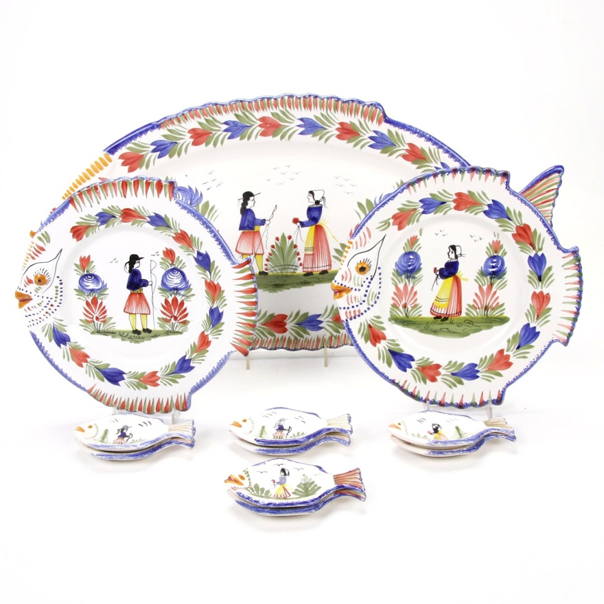 Henriot Quimper Hand-Painted Fish-Form Majolica Dinnerware, Made in France