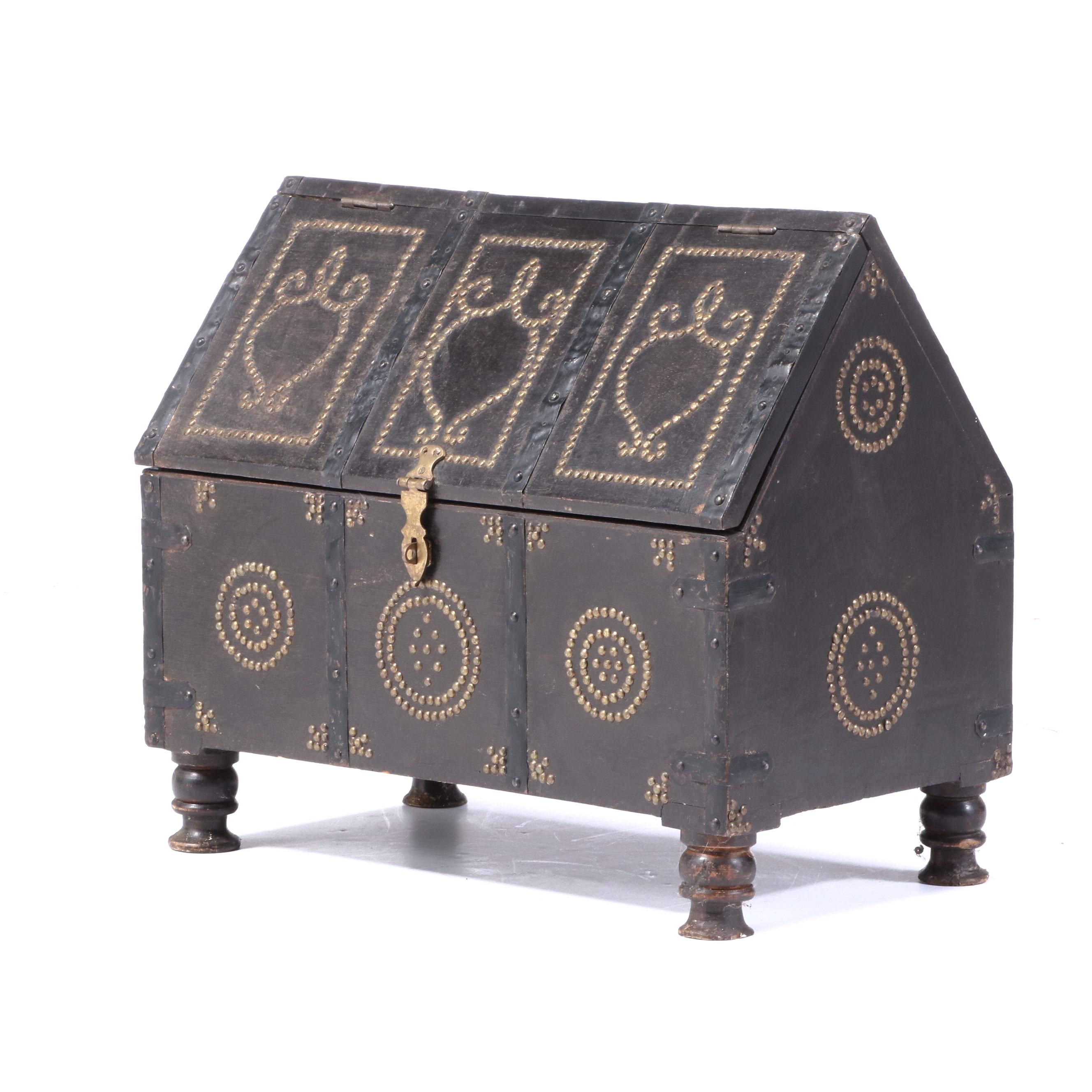 English Gothic Style Wooden Chasse Form Chest with Nailhead Decoration