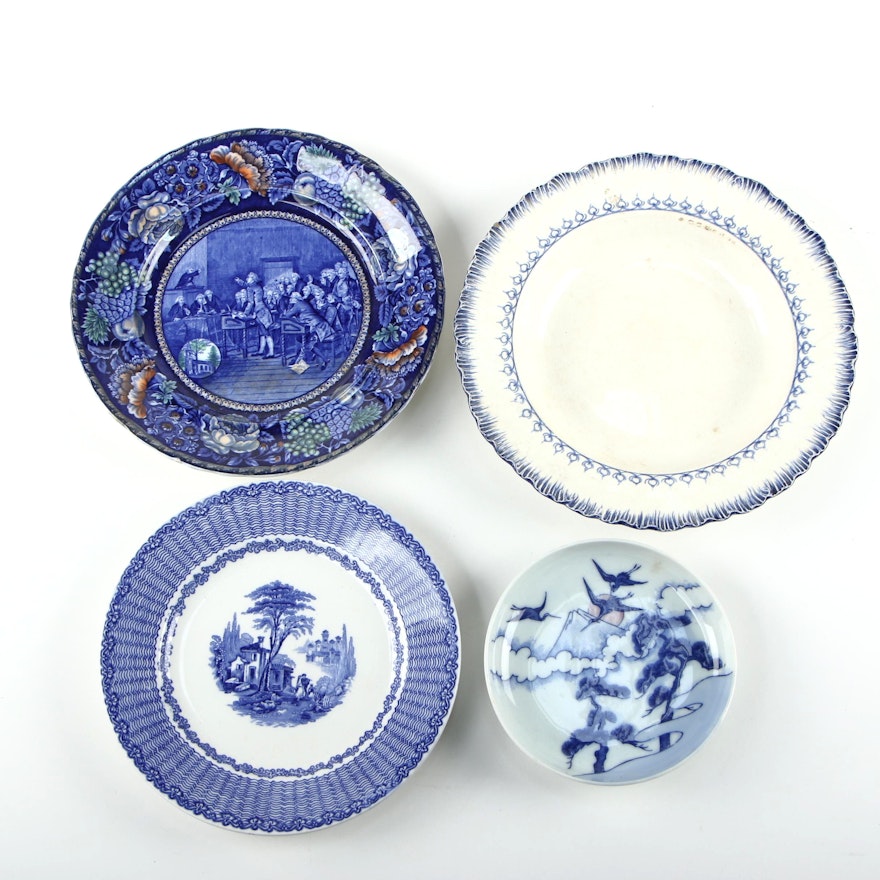 English Blue and White Ceramic Dinnerware with Japanese Porcelain Plate