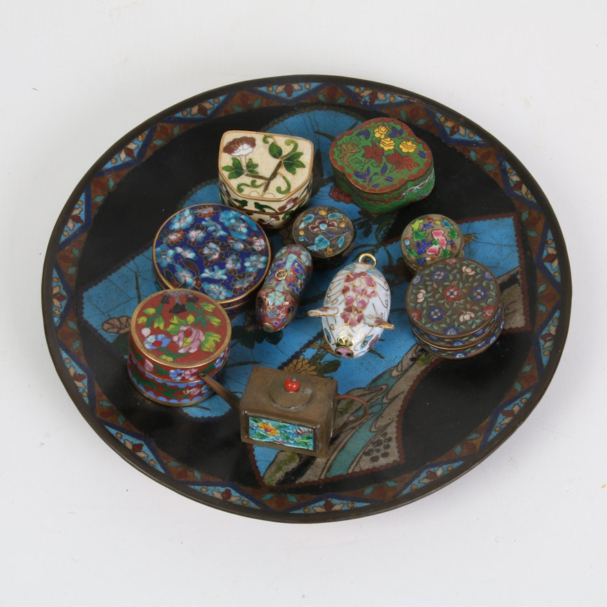 Chinese Cloisonné and Enameled Boxes, Charms and Bowl, Early-Mid 20th Century