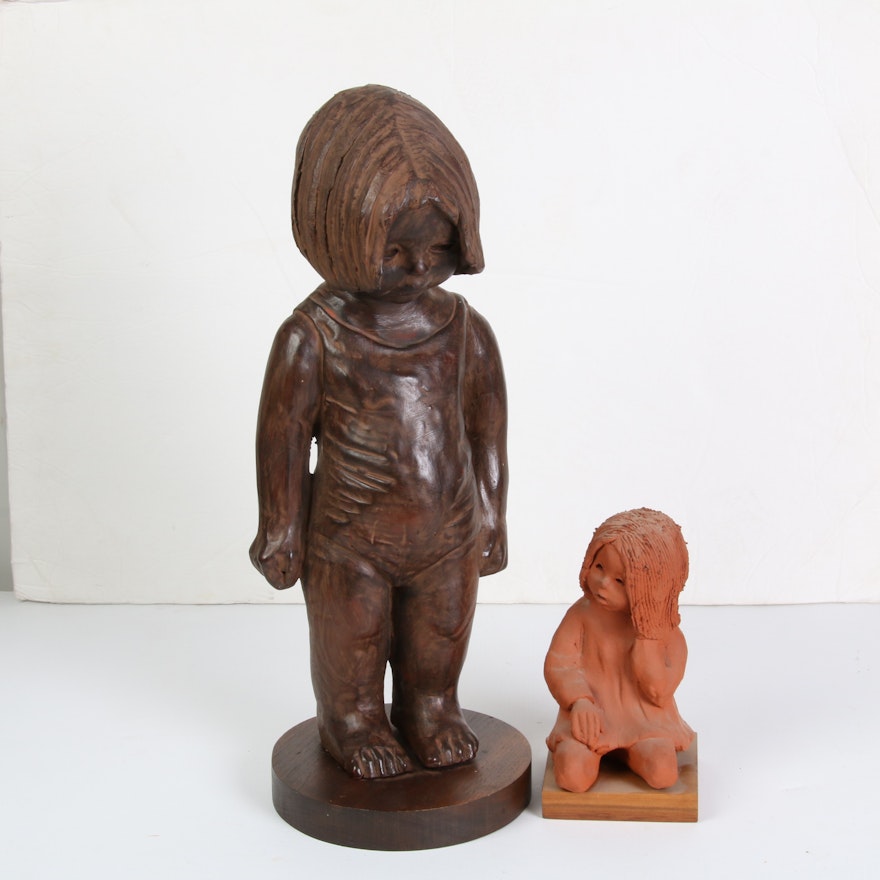 Carved Wood and Sculpted Clay Children Figurines Including Ann Entis