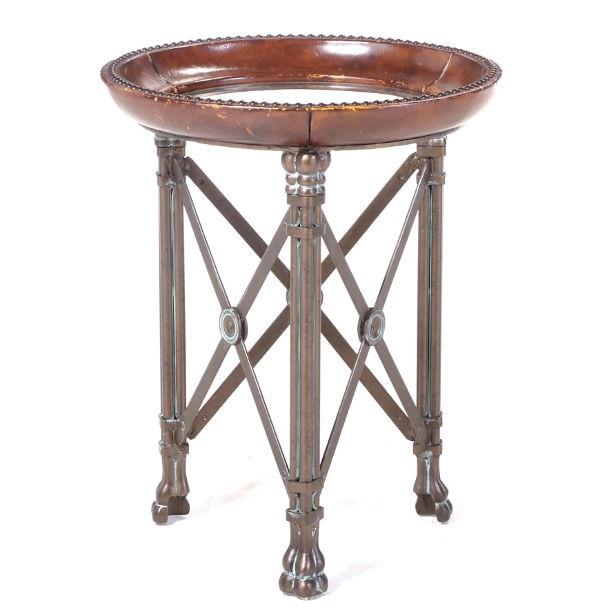 Neoclassical Style Bronze-Patinated Iron, Faux-Leather, and Glass Top Side Table