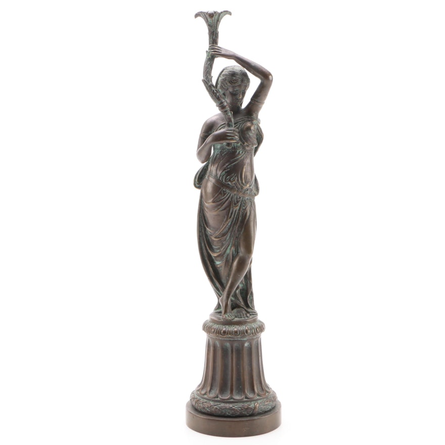 Brass Grecian Statuette Lamp Base of Woman Holding Acanthus Stalk