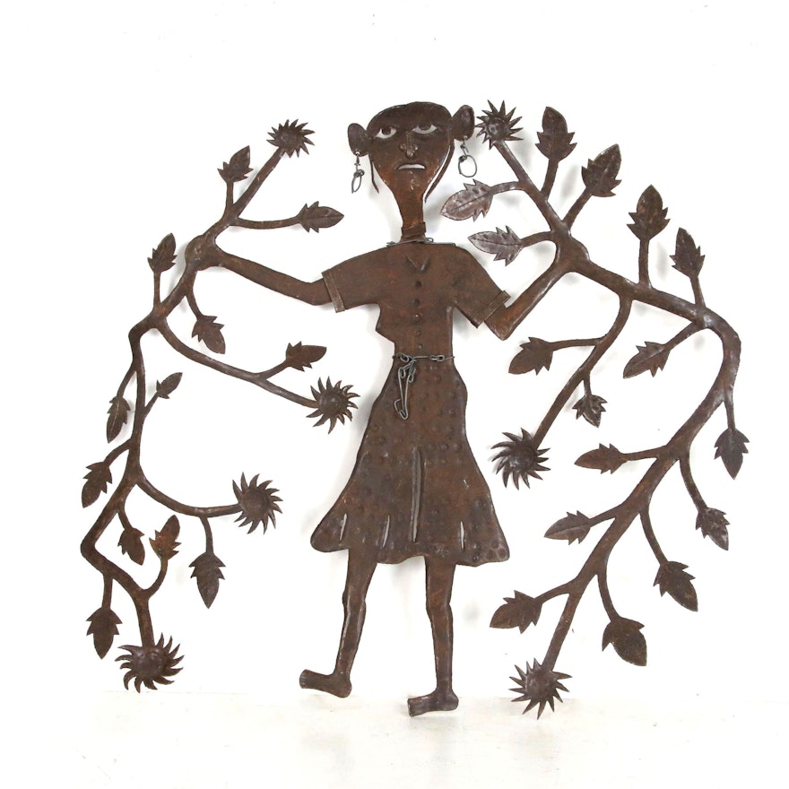 Gabriel Bien-Aimé Haitian Metal Sculpture of Woman with Tree Branches