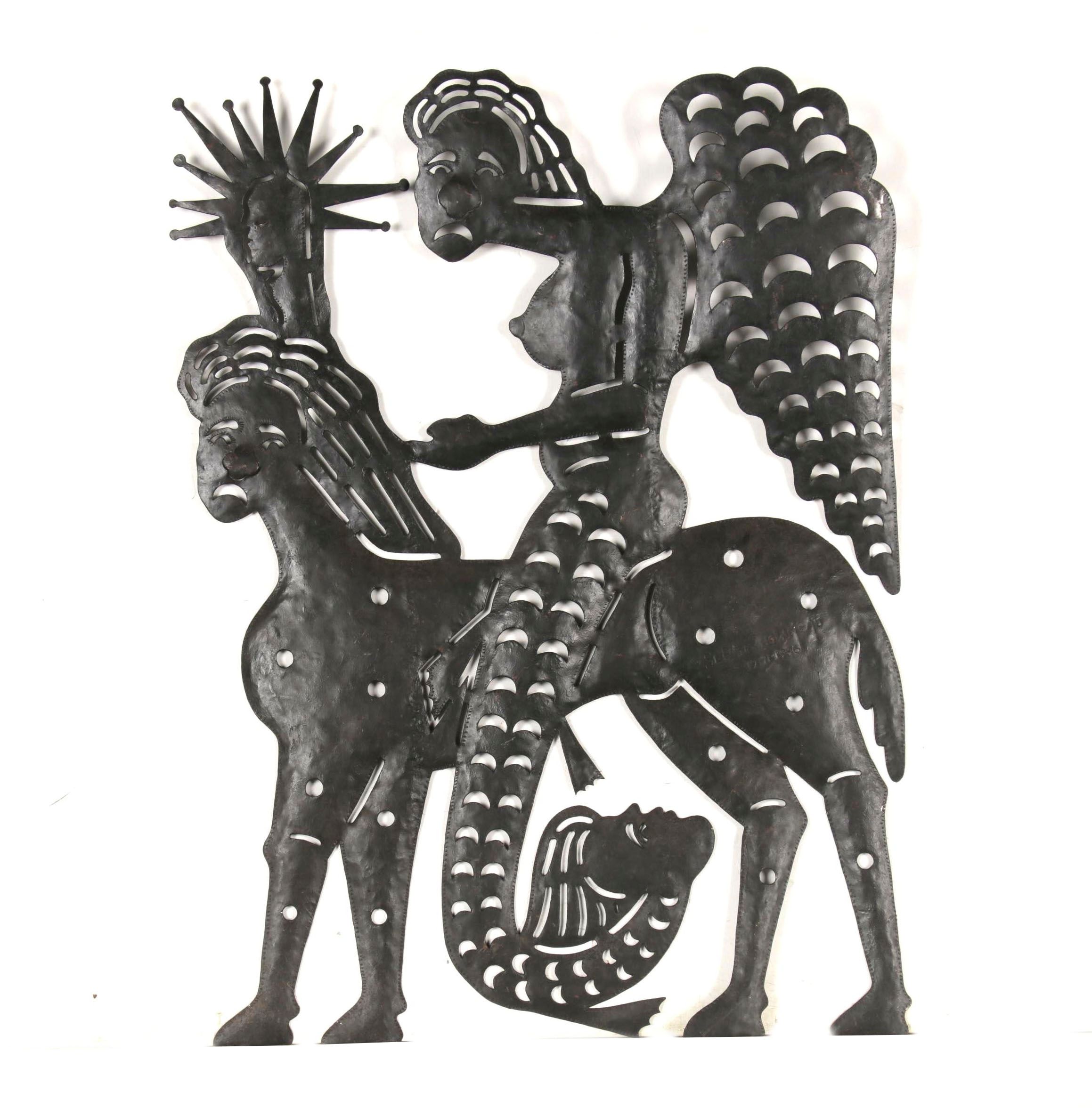 Serge Jolimeau Haitian Metal Relief Sculpture of Mythical Creatures, 1986