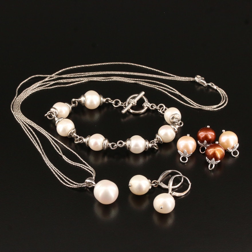 Sterling Silver Pearl and Diamond Necklace, Bracelet and Earrings Set