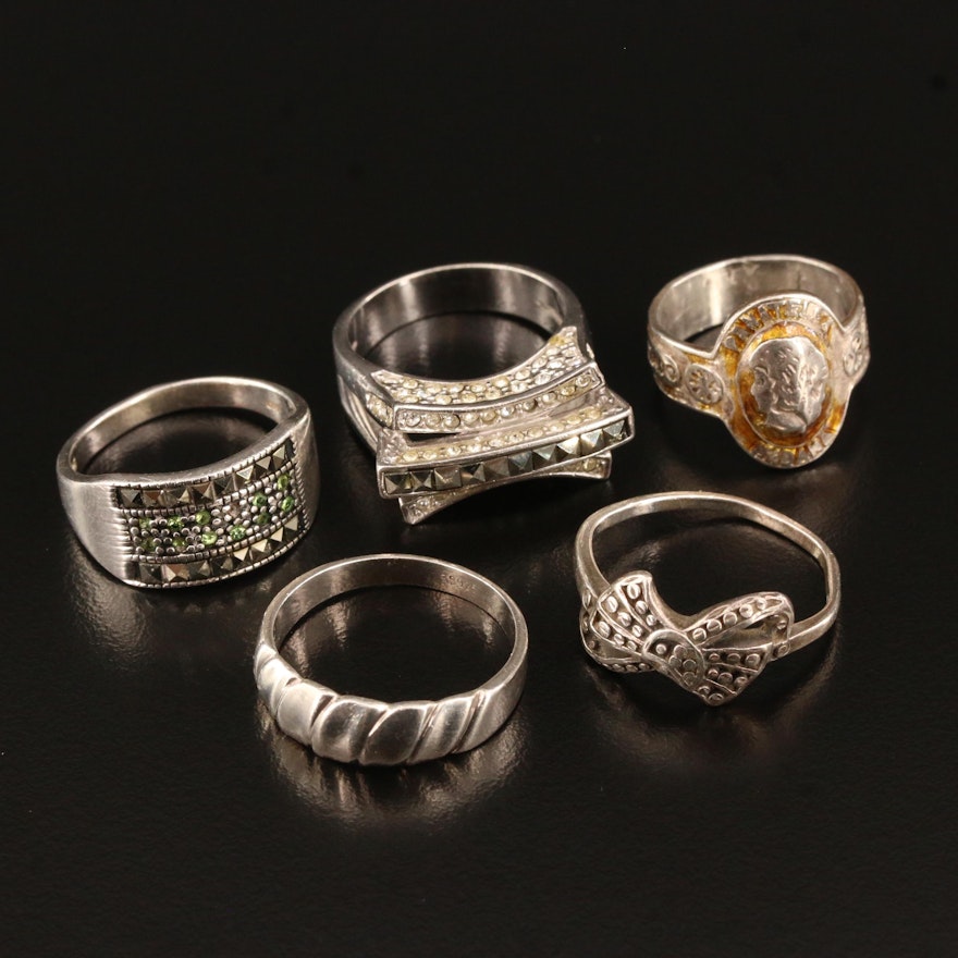 Sterling Silver Rings Including Rhinestones and Marcasite