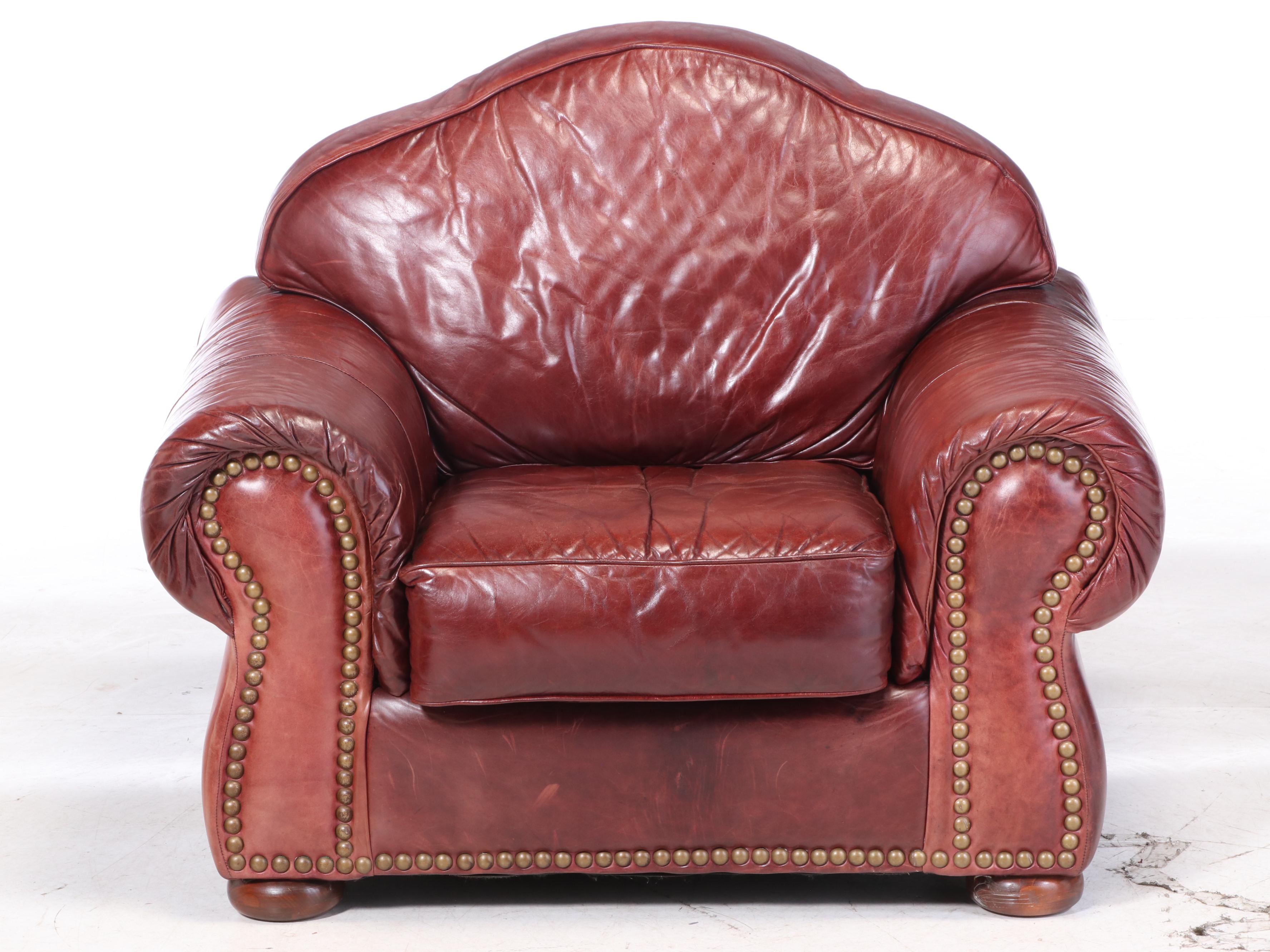 Robinson and Robinson Leather and Brass-Tacked Club Chair with Ottoman