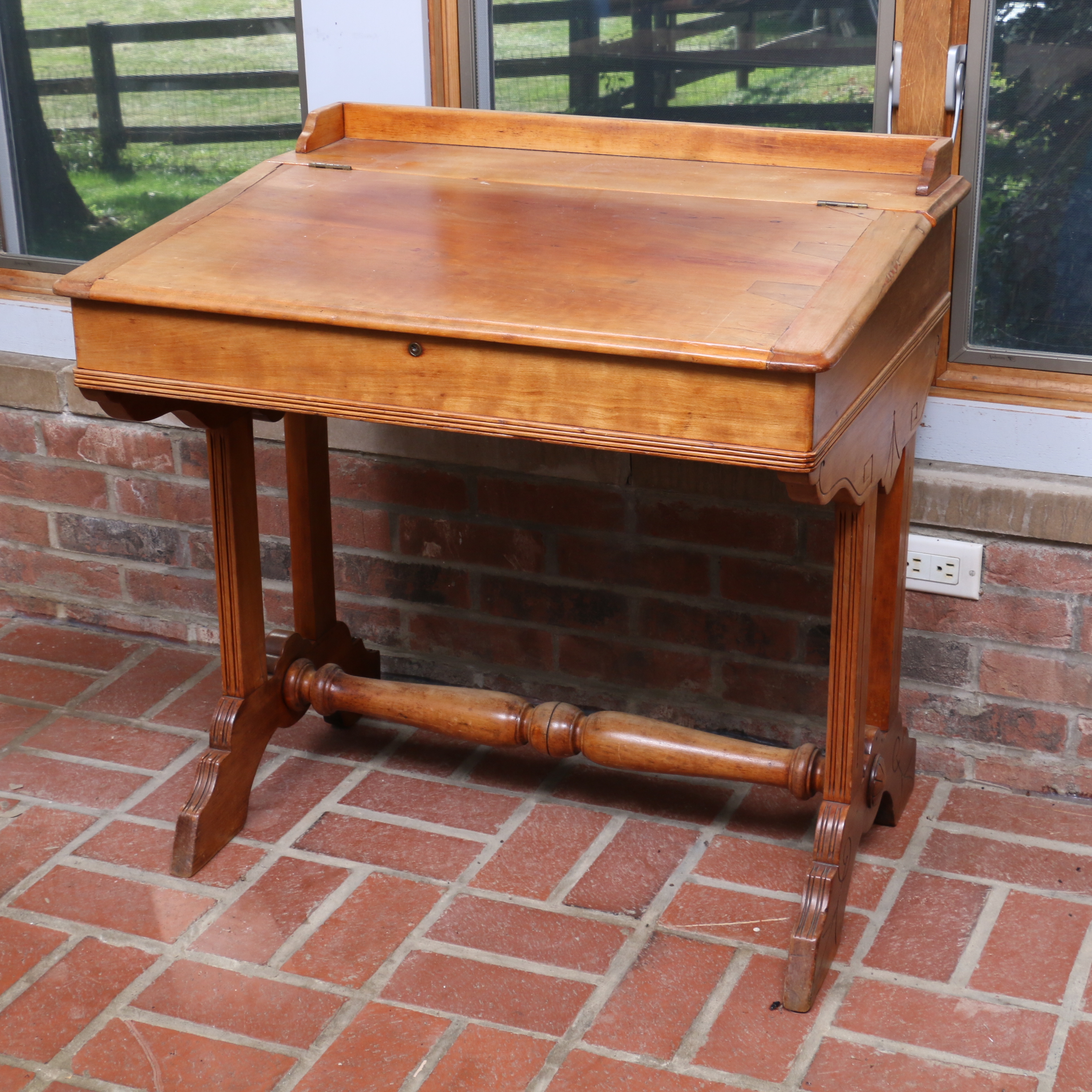 Victorian Oak Slant Top Writing Desk with Line Carved Details, 19th Century