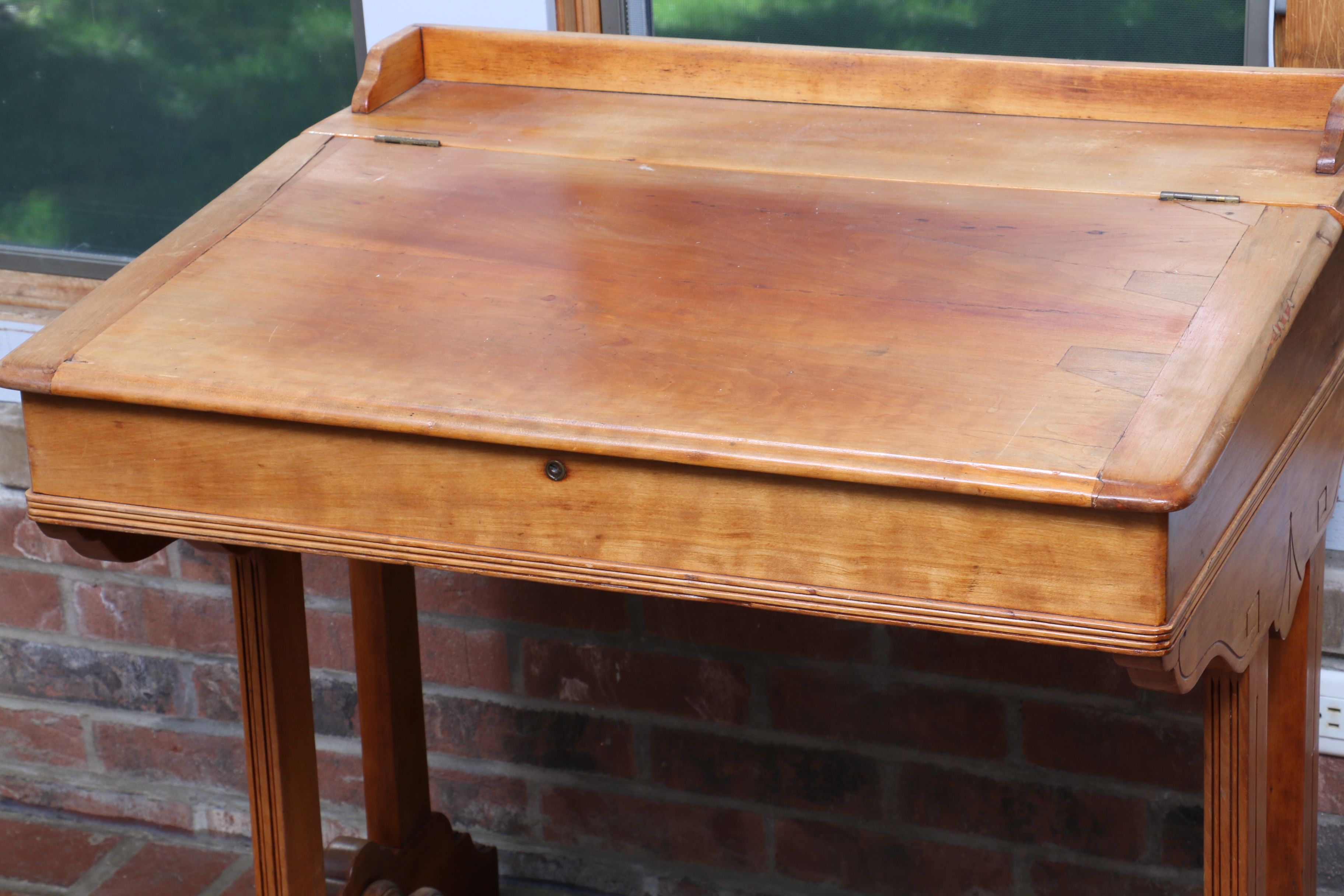 Victorian Oak Slant Top Writing Desk with Line Carved Details, 19th Century