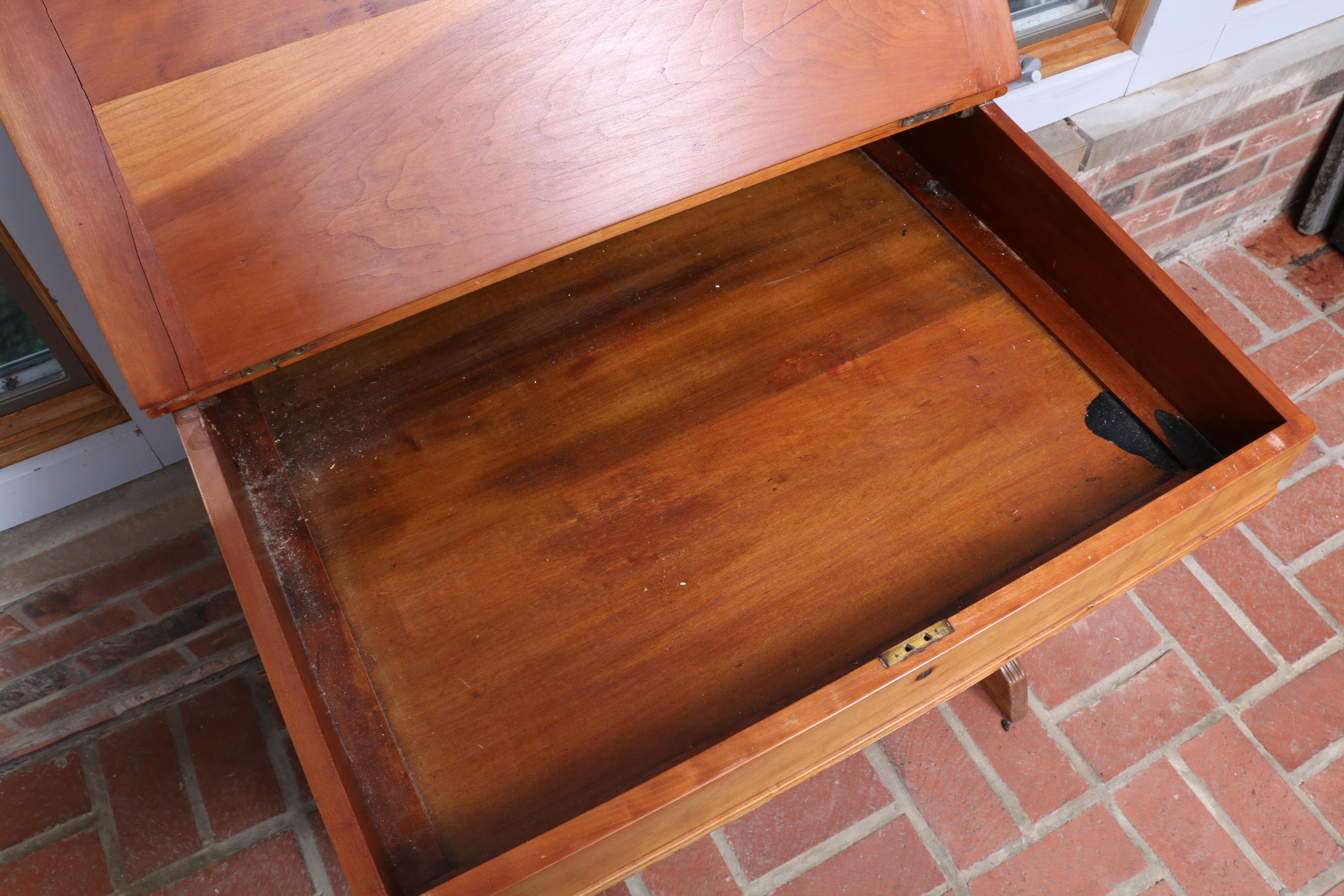 Victorian Oak Slant Top Writing Desk with Line Carved Details, 19th Century