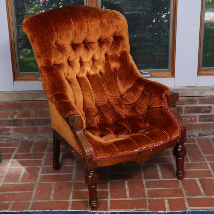 Edwardian Carved Wood and Velvet Tufted Lounge Chair