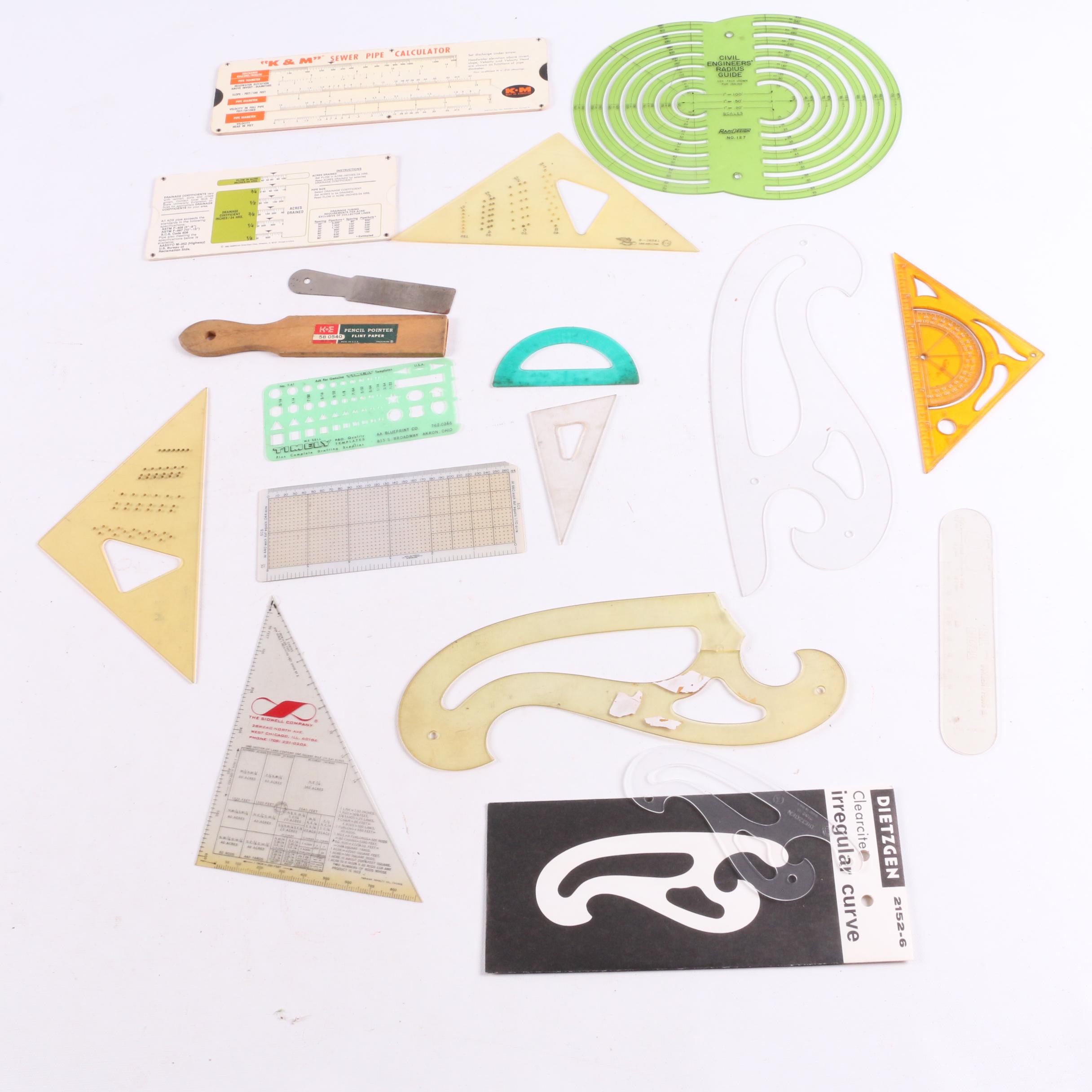 Drafting Supplies with Slide Rulers, Curve Tools, Erasing Tool, Manuals and More