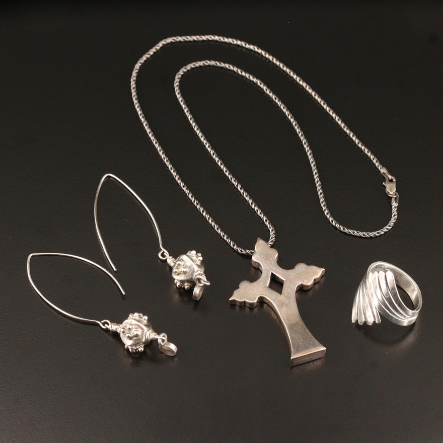 Sterling Earrings, Bypass Ring and Mignon Faget "Mater Cross" Pendant Necklace