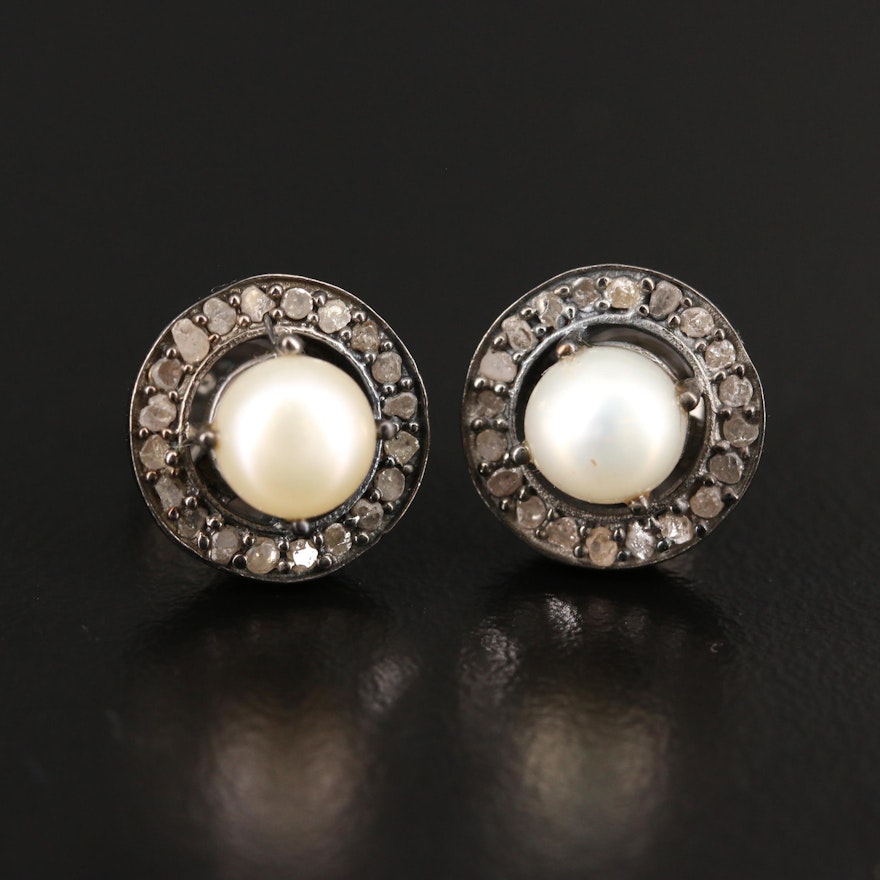 Sterling Silver Pearl and Diamond Halo Stud Earrings