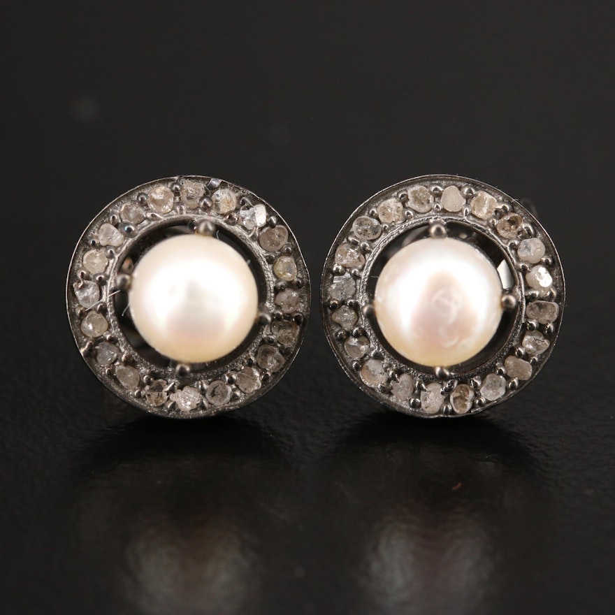 Sterling Silver Pearl and Diamond Stud Earrings