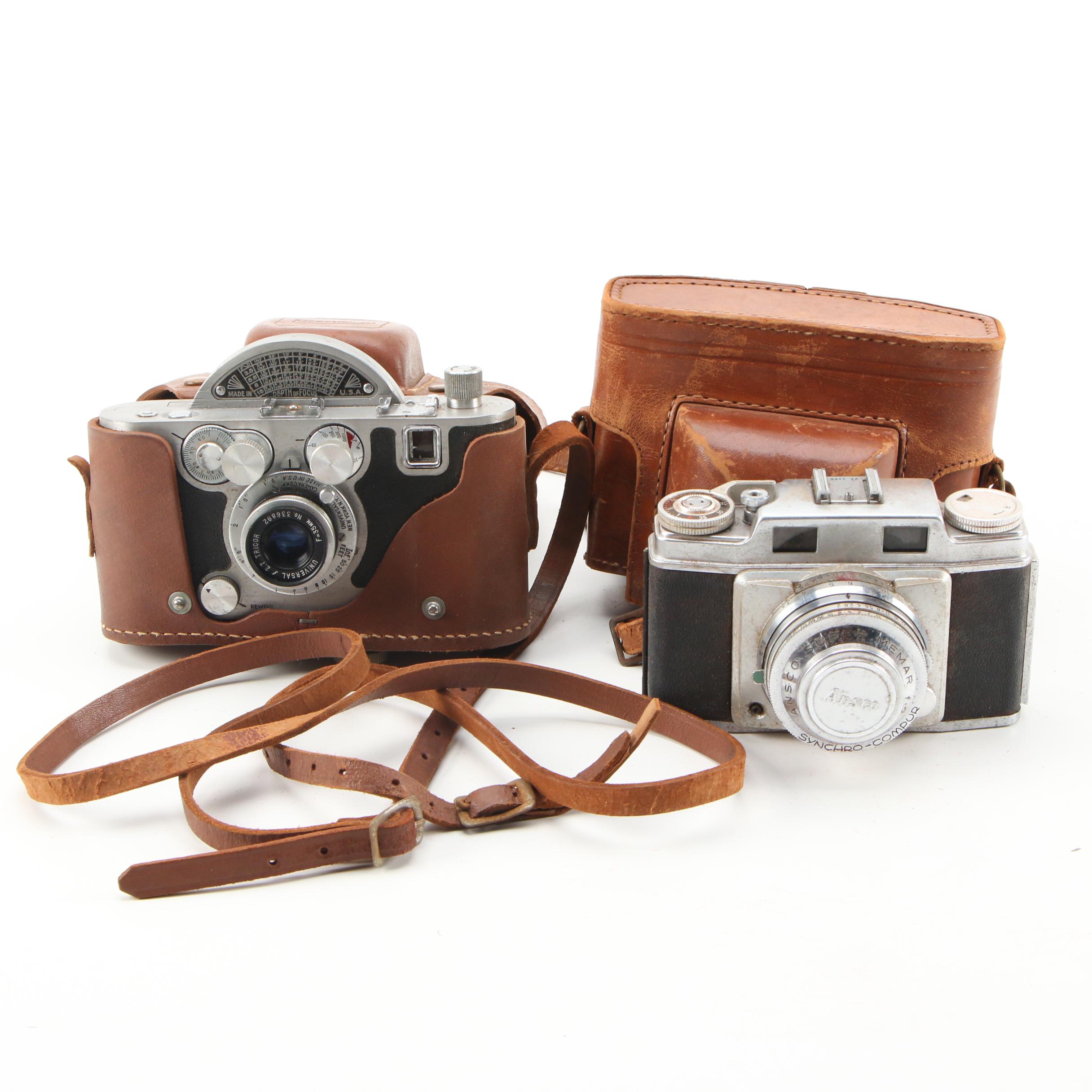 Mercury and Ansco  35mm Rangefinder Cameras with Leather Cases, circa 1950s
