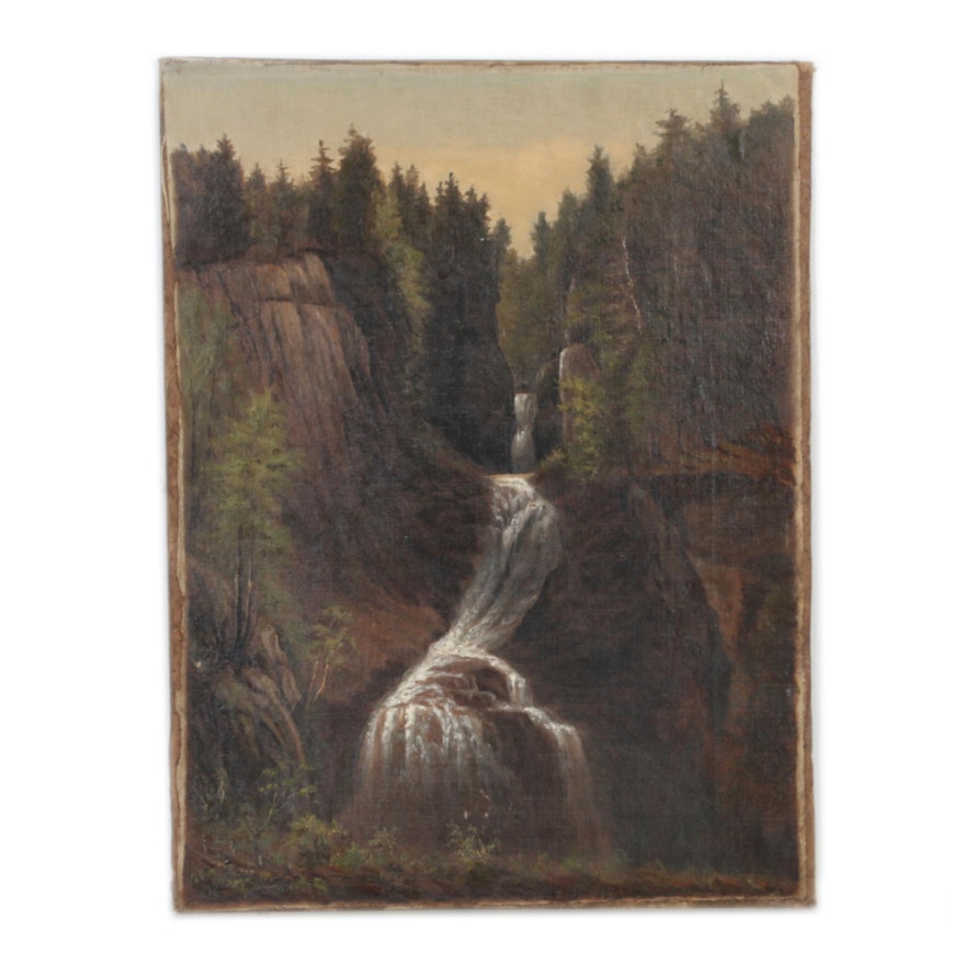 Hudson River School Oil Painting Featuring a Waterfall, Late 19th Century