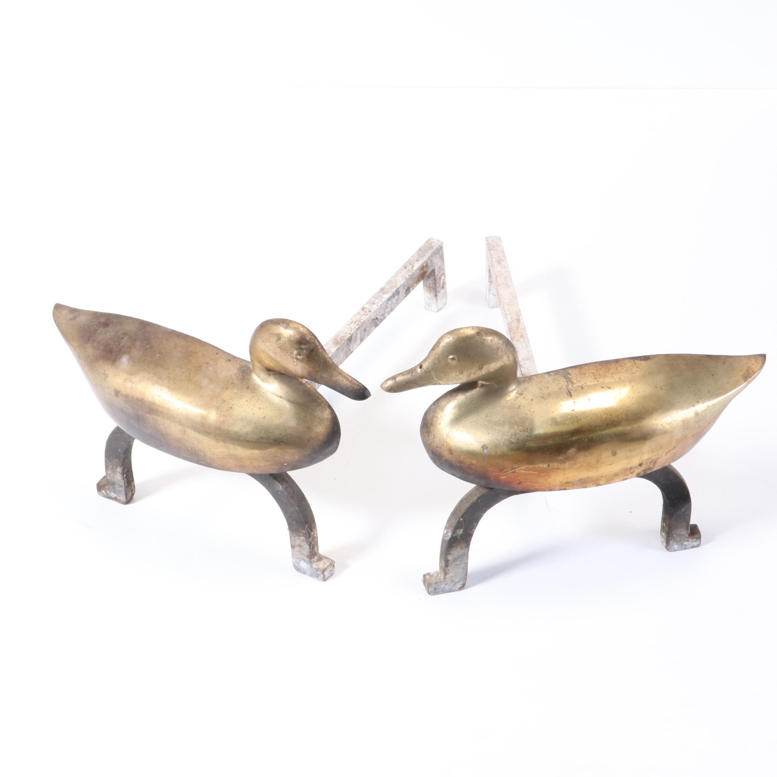 Brass Duck Fireplace Andirons, Mid to Late 20th Century