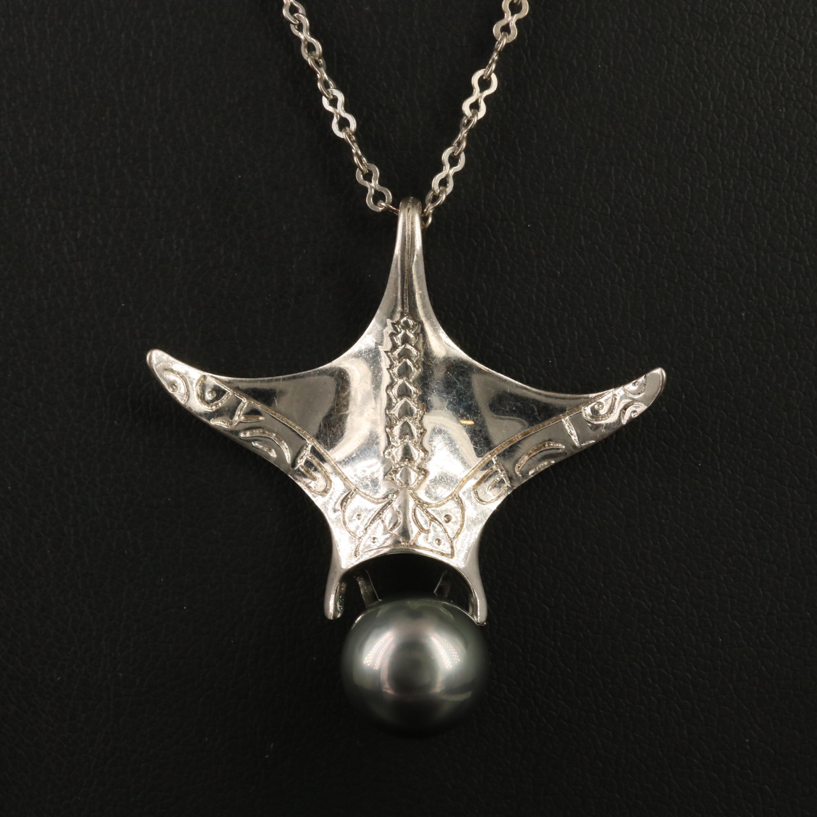 Sterling Silver Pearl Stylized Manta Ray Necklace