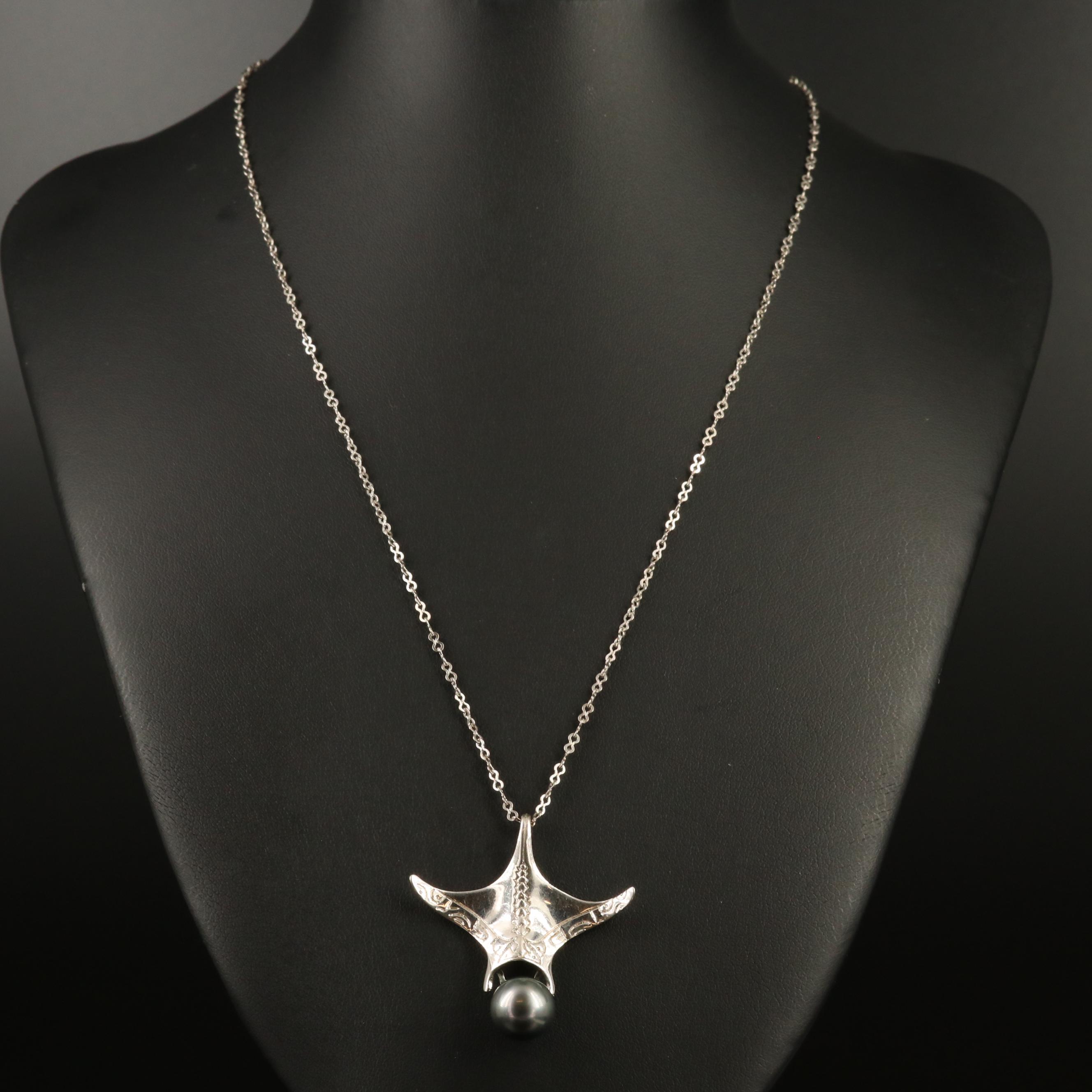 Sterling Silver Pearl Stylized Manta Ray Necklace