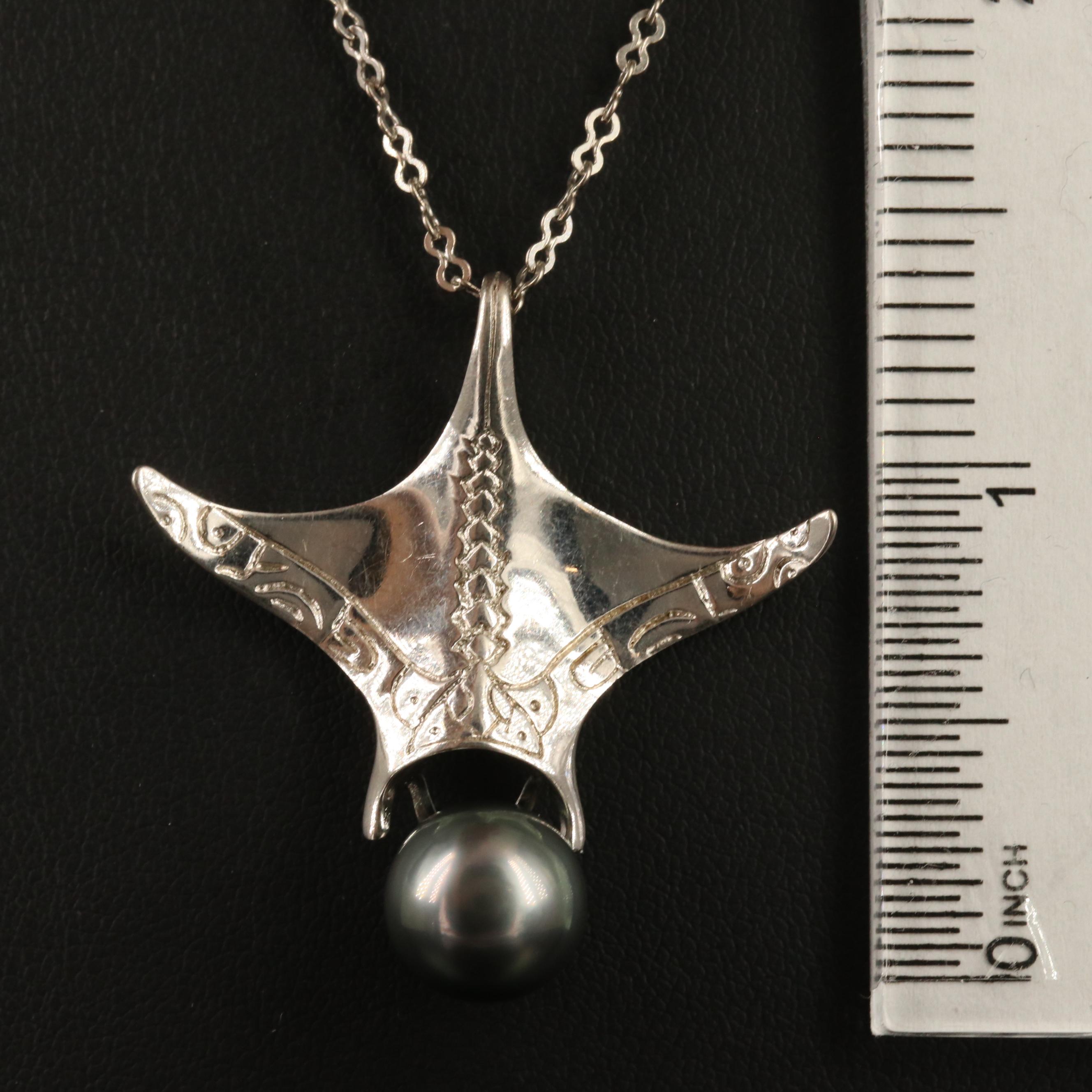 Sterling Silver Pearl Stylized Manta Ray Necklace