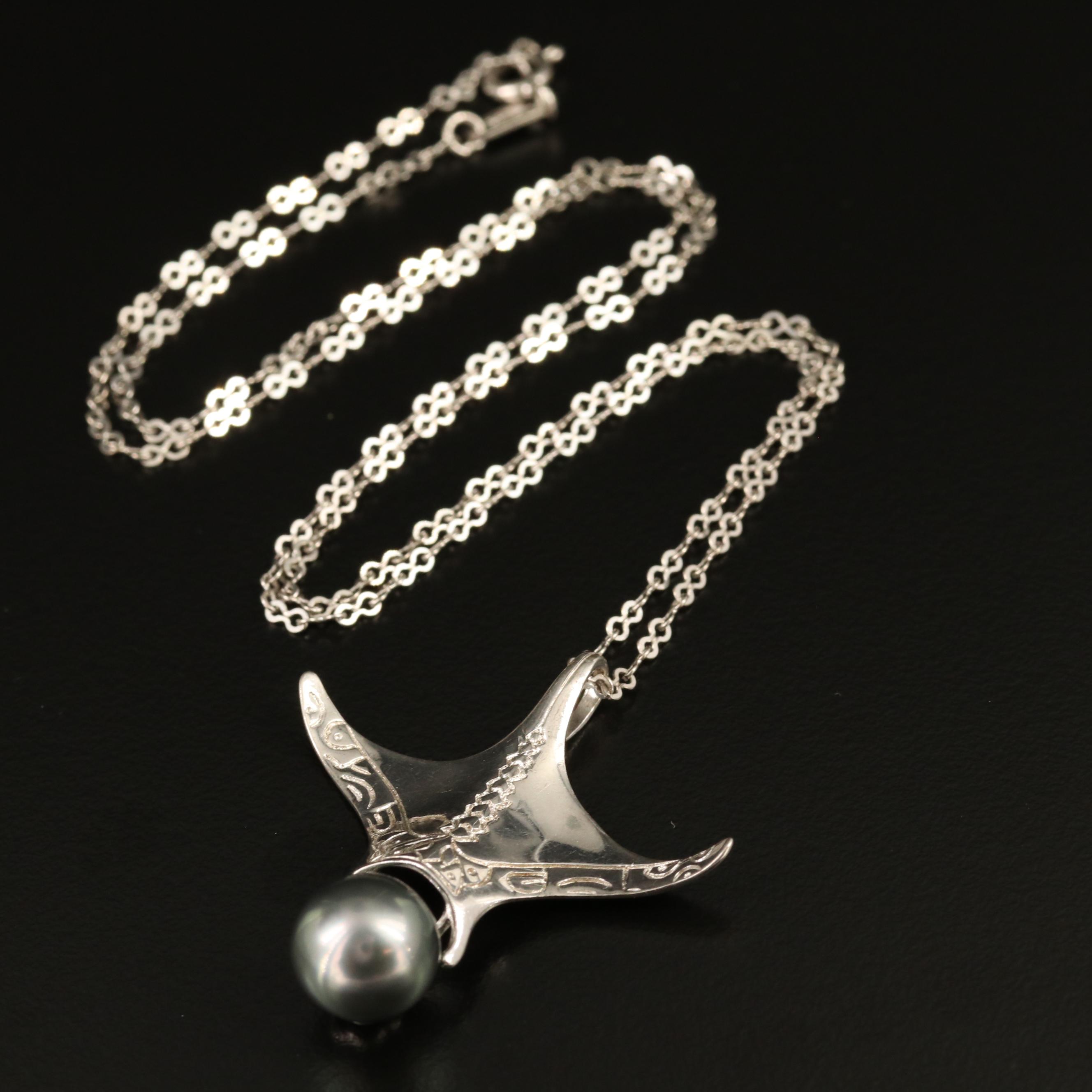 Sterling Silver Pearl Stylized Manta Ray Necklace