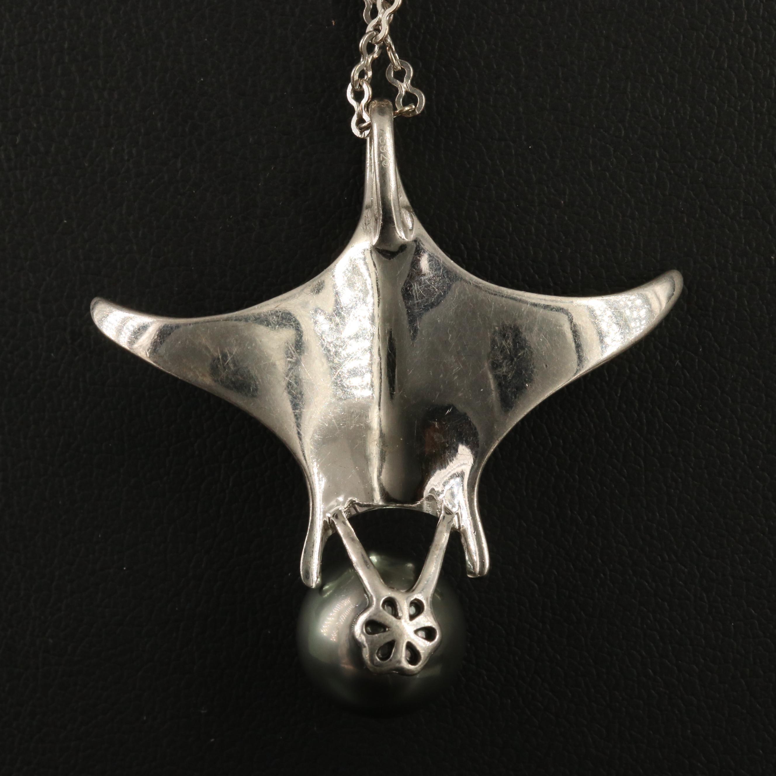 Sterling Silver Pearl Stylized Manta Ray Necklace