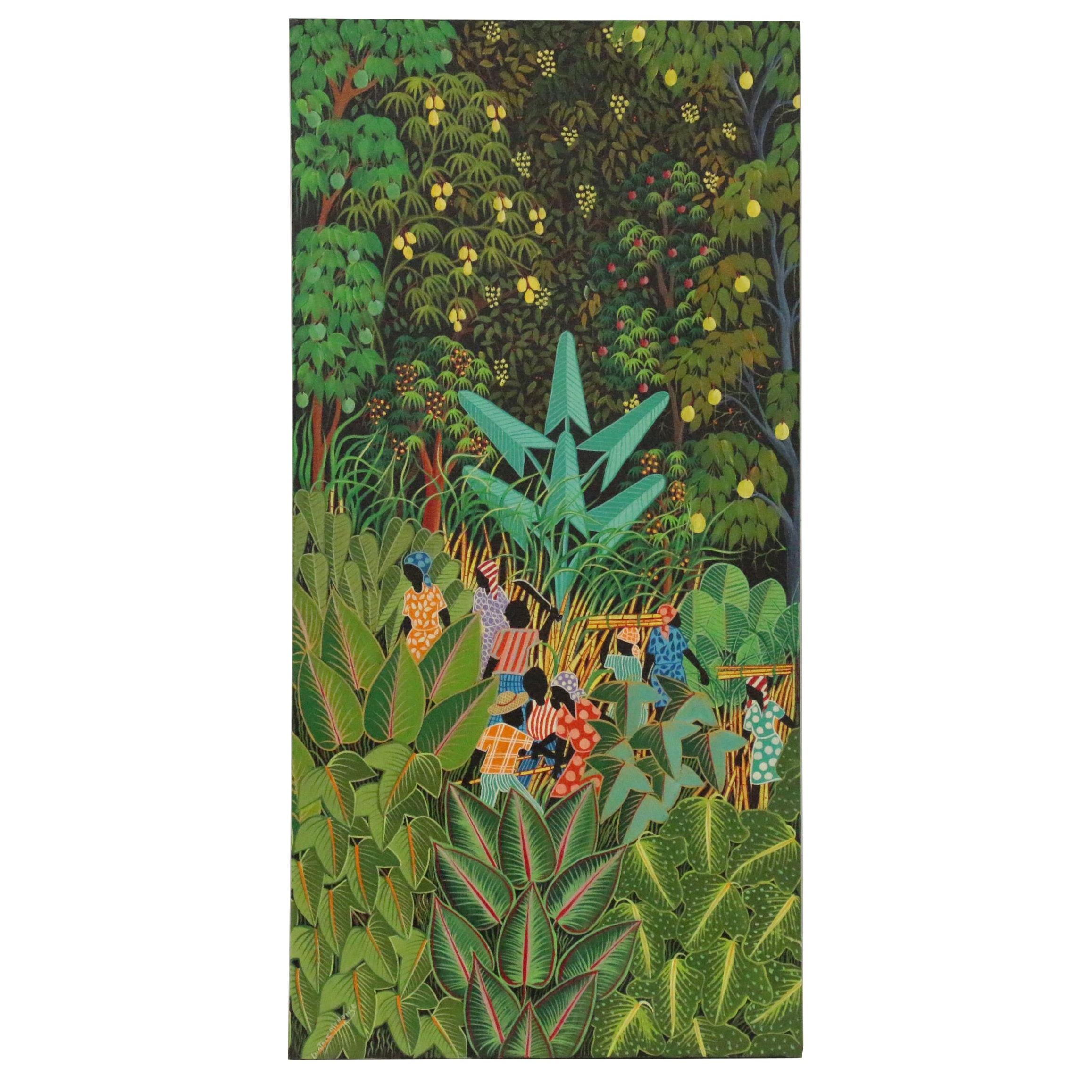 Inatace Alphonse Haitian Folk Art Acrylic Painting of Sugar Cane Harvesting