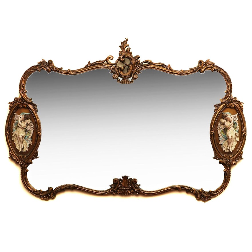 Baroque Style Gilt Wall Mirror with Porcelain Figural Plaques