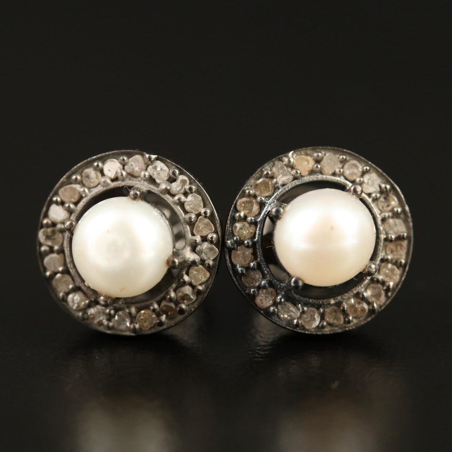 Sterling Silver Pearl and Diamond Stud Earrings