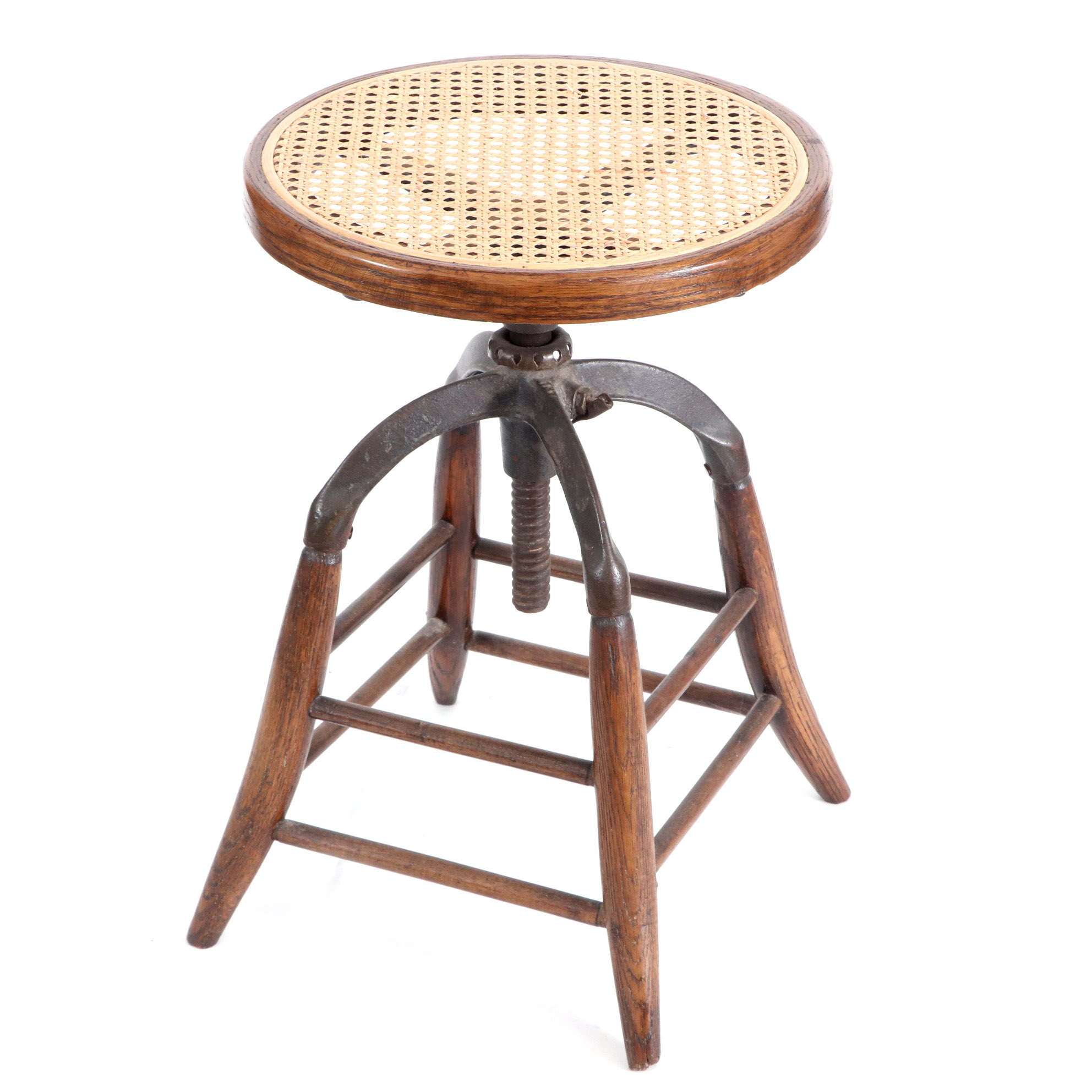 Industrial Adjustable Height Cane Seat Oak Stool, Early to Mid 20th Century