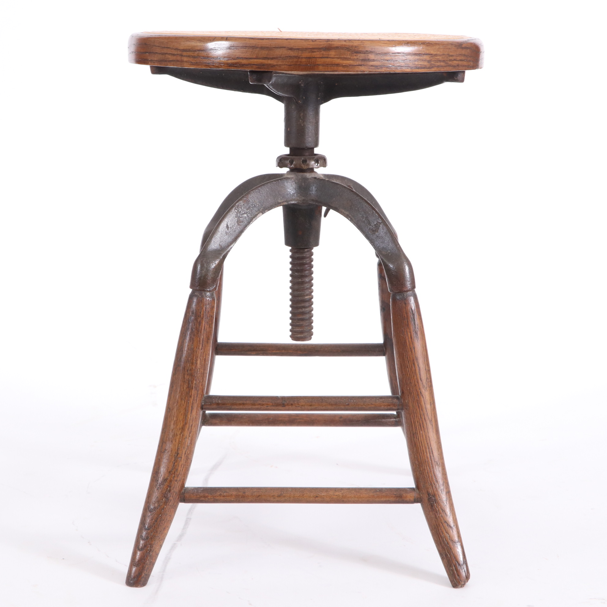 Industrial Adjustable Height Cane Seat Oak Stool, Early to Mid 20th Century