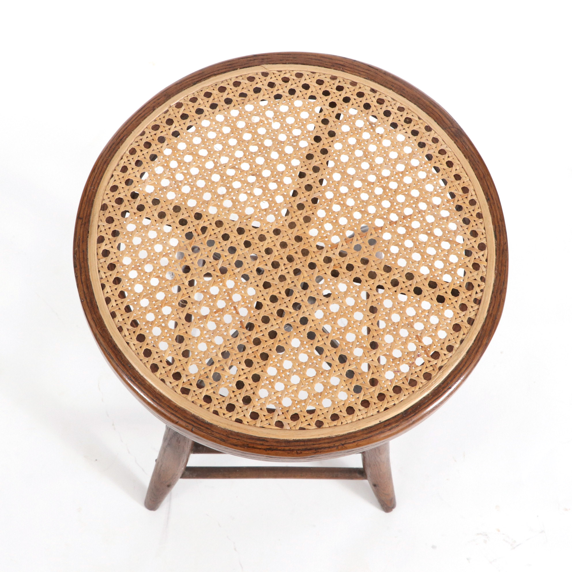 Industrial Adjustable Height Cane Seat Oak Stool, Early to Mid 20th Century