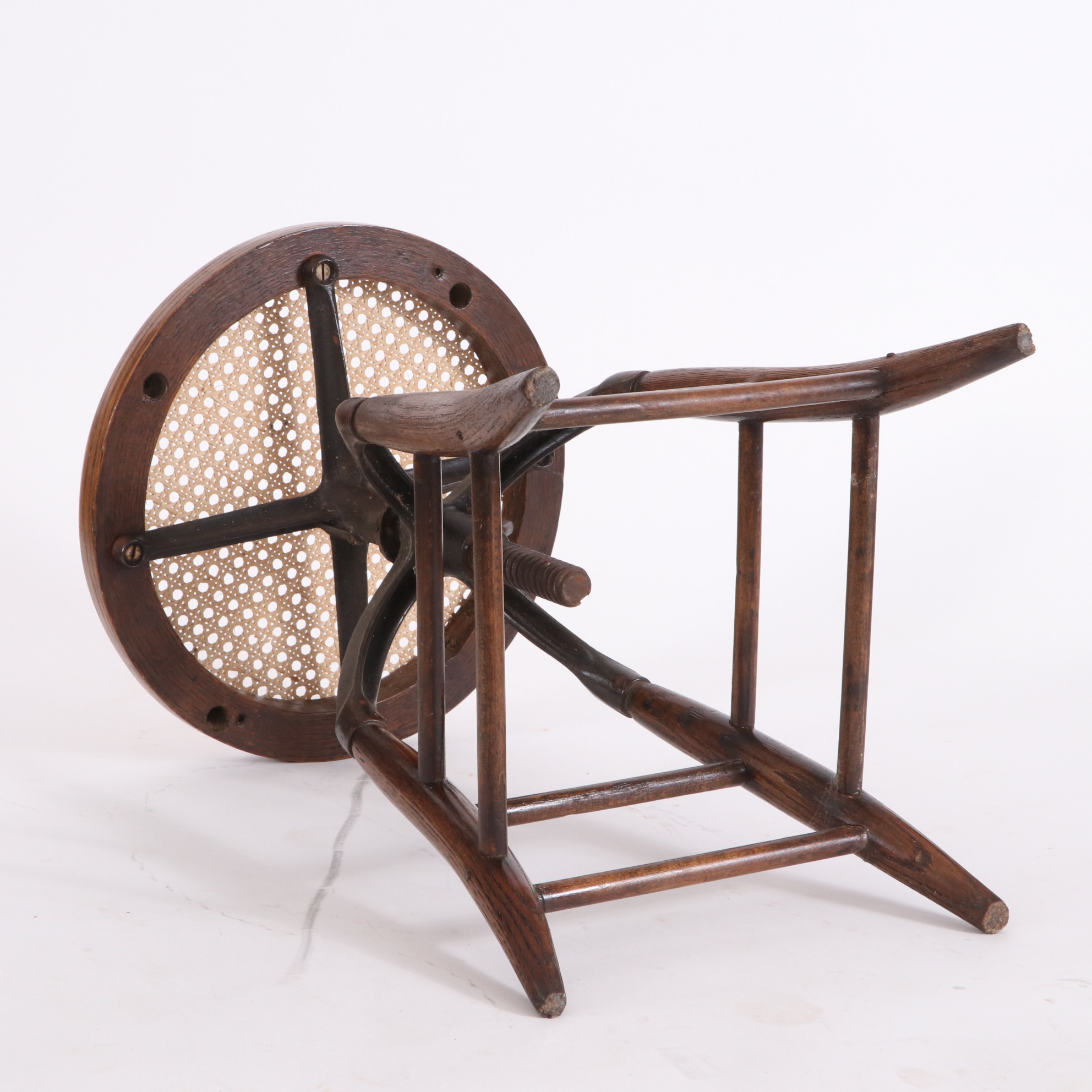 Industrial Adjustable Height Cane Seat Oak Stool, Early to Mid 20th Century