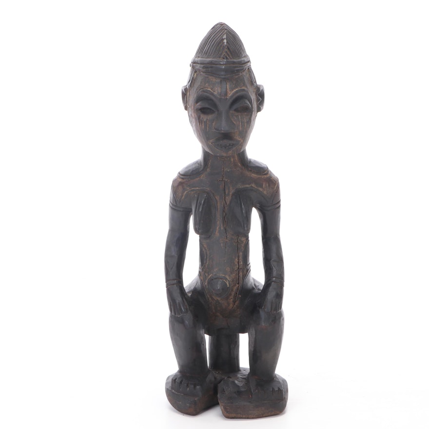 Kongo Style Carved Wood Seated Figure, Central Africa