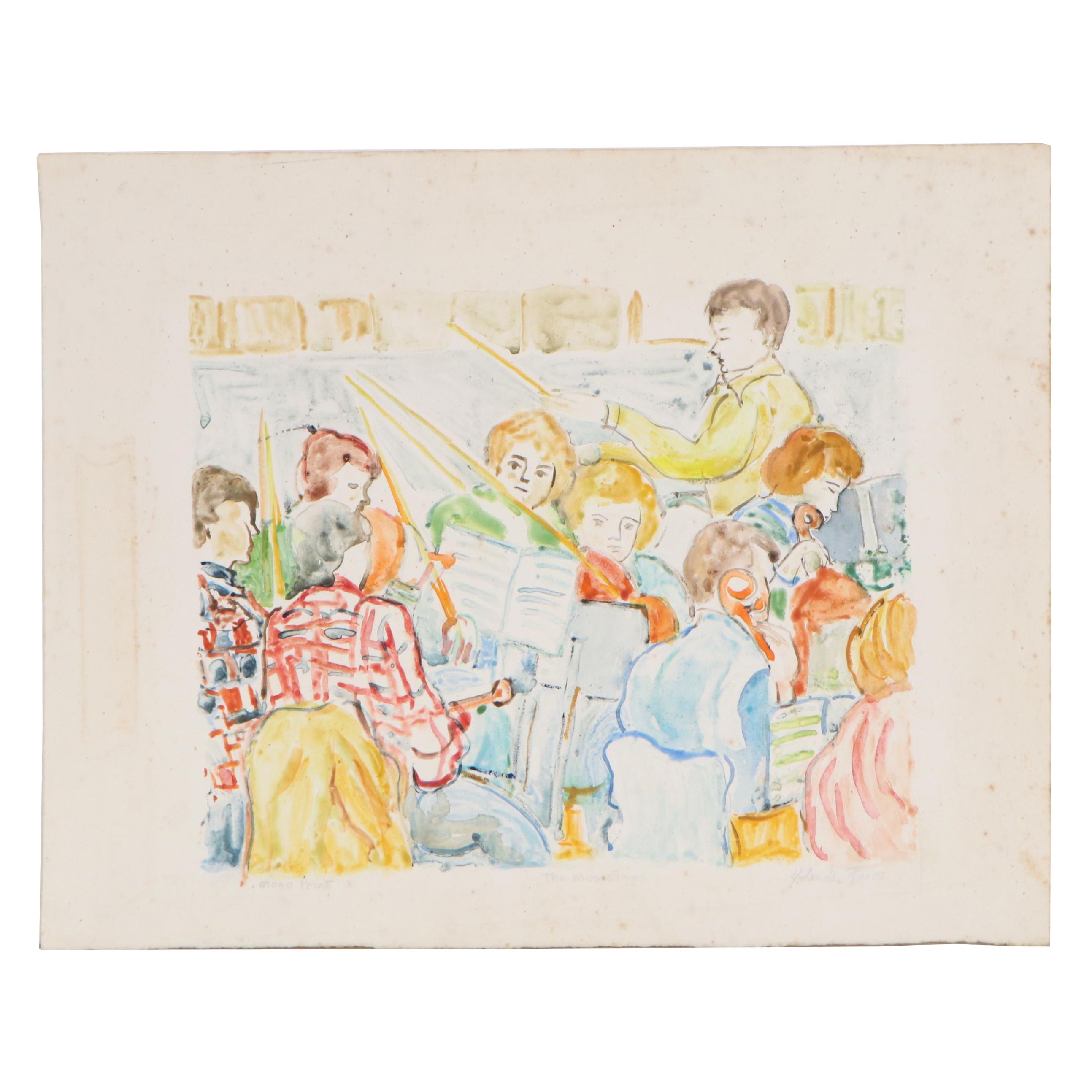 Yolanda Fusco Monoprint "The Musicians", Mid to Late 20th Century