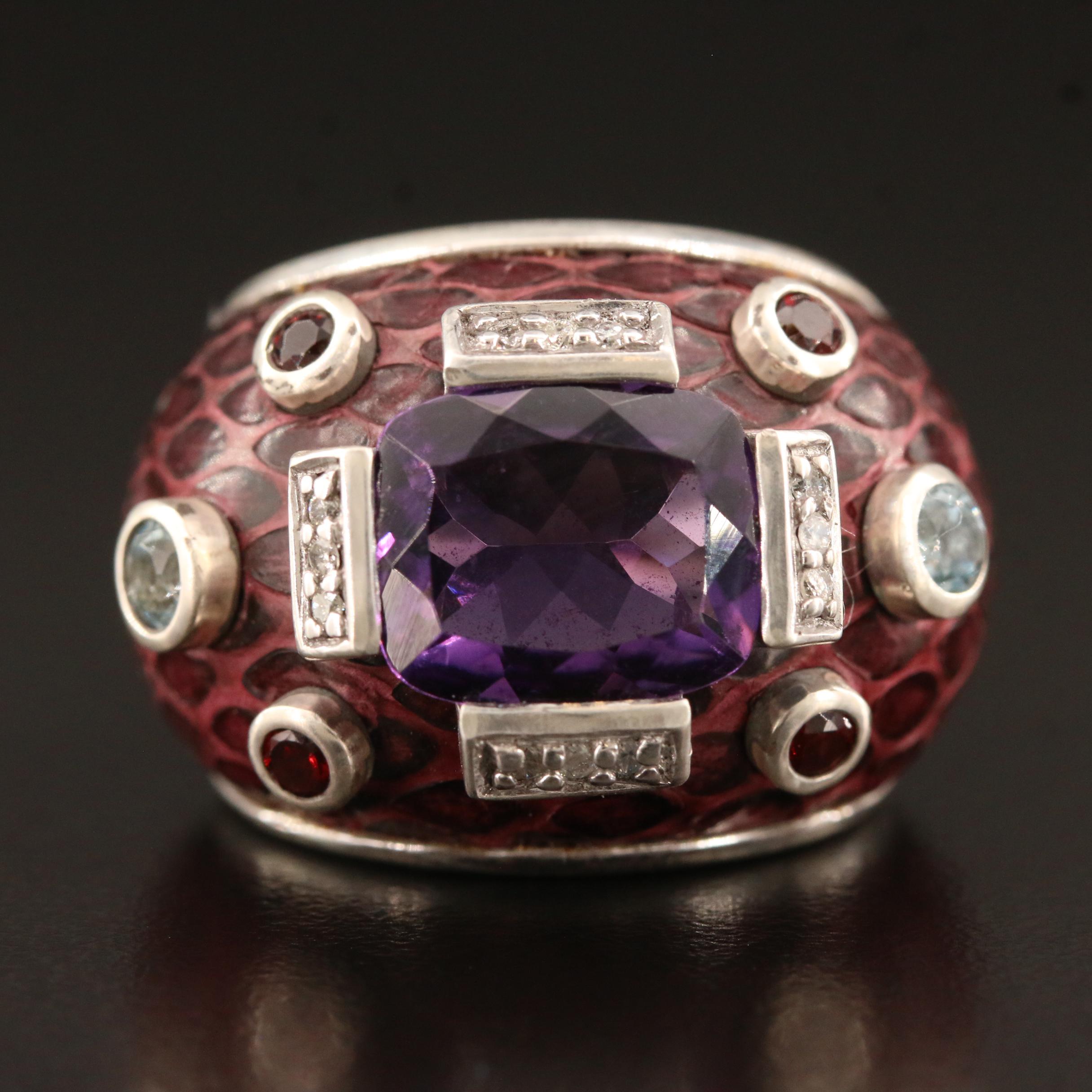 Chi by Falchi Sterling Silver Diamond and Gemstone Ring with Snakeskin