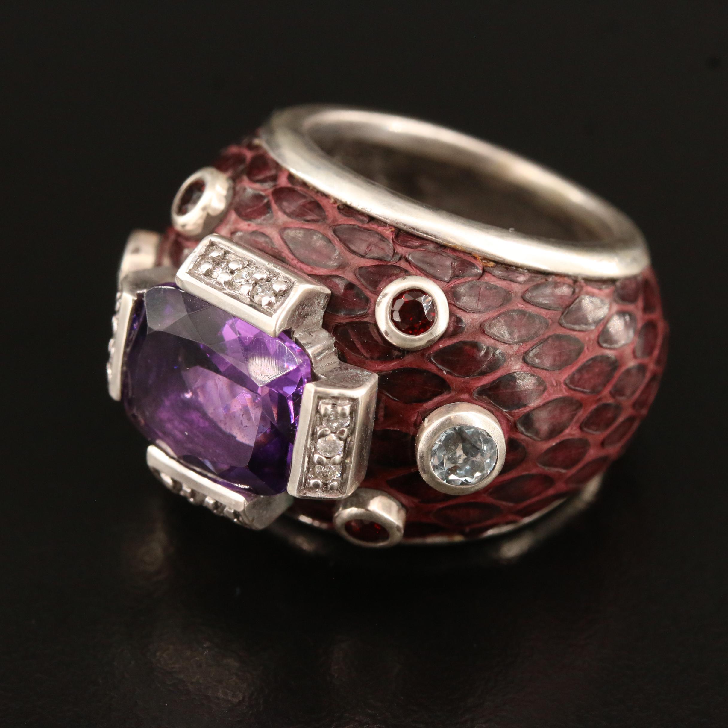 Chi by Falchi Sterling Silver Diamond and Gemstone Ring with Snakeskin